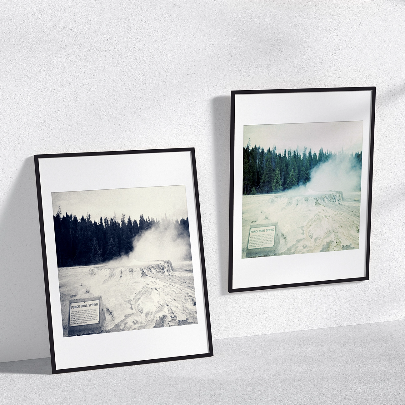 Punch Bowl geothermal scene displayed in color and black-and-white framed prints, showcasing steam, mineral textures, and the tranquil forest edge of Yellowstone.