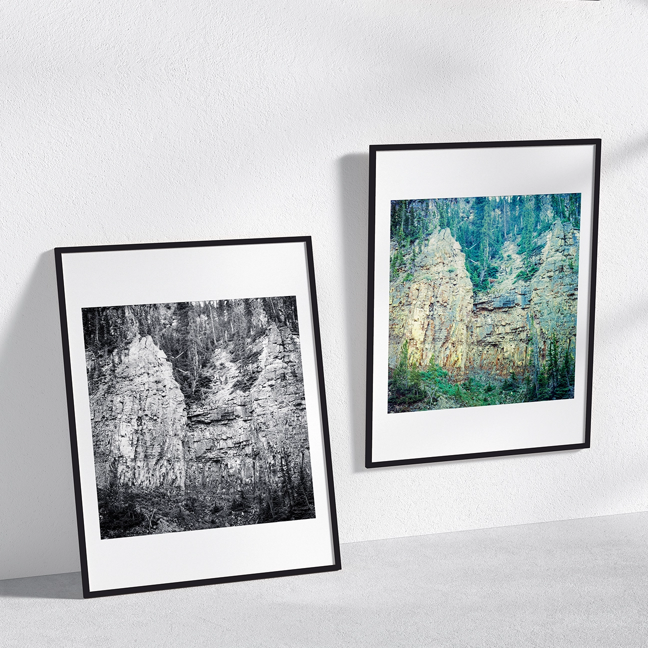 Raven’s Nest Yellow, Georgia landscape photograph shown side-by-side in color and black-and-white framed editions, highlighting rich contrast and rock detail.
