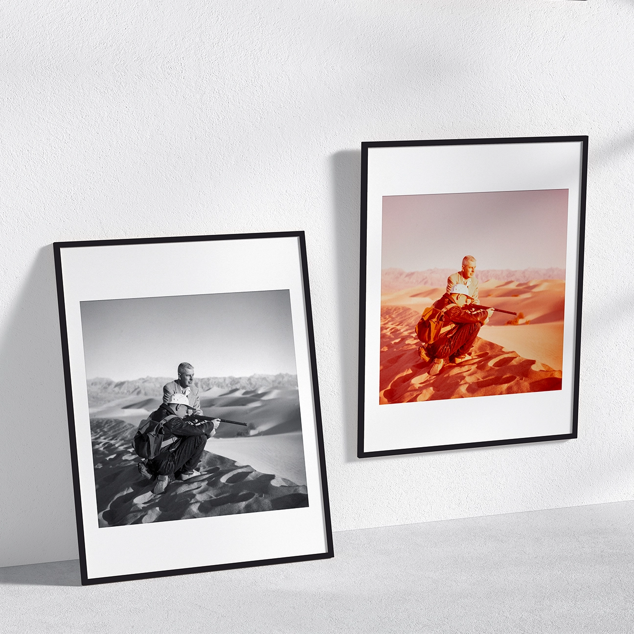 Sand Dunes photograph displayed side-by-side in color and black-and-white framed prints, highlighting contrast between vintage warmth and monochrome detail.