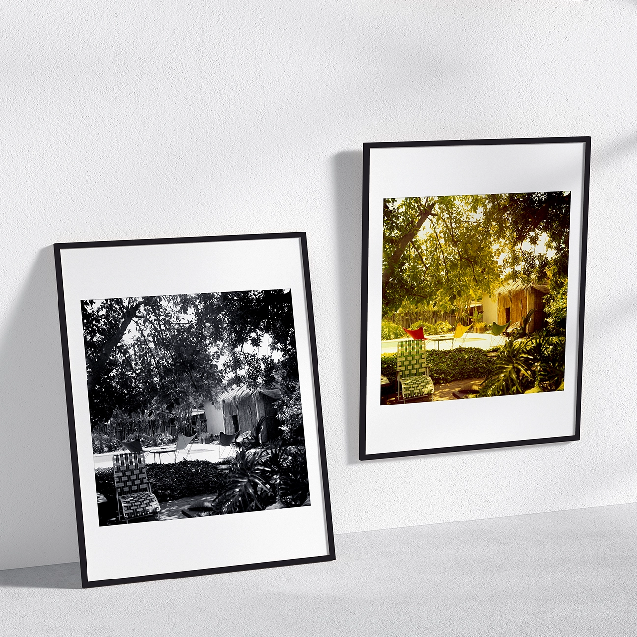 Comparison of “Summer” photo in color and black-and-white—sunlit backyard with retro lawn chair and dappled tree shade, evoking nostalgic mid-century warmth.