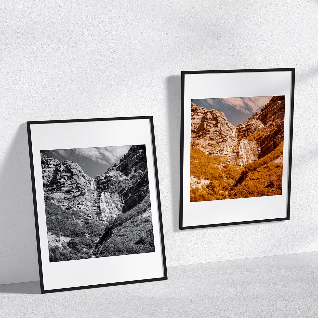 Utah Falls landscape displayed in color and black-and-white framed prints, highlighting textured canyon walls, desert light, and the vertical rush of water.