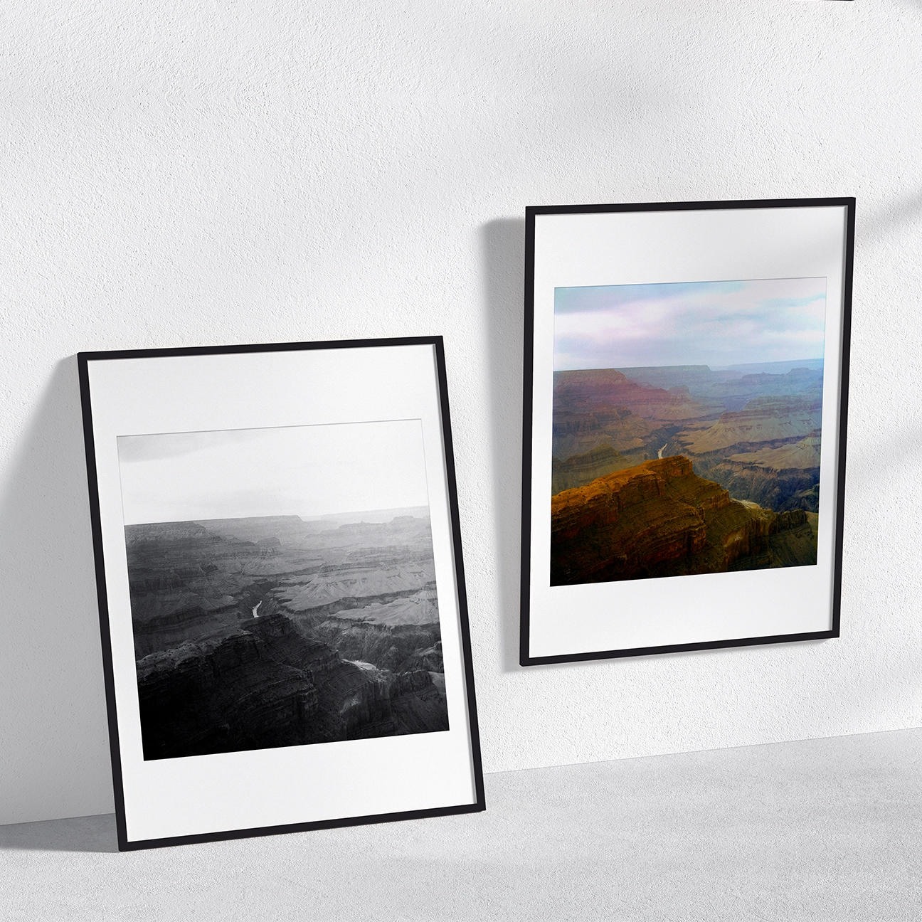 Grand Canyon Top landscape displayed side-by-side in color and black-and-white framed prints, showcasing layered canyon depth and light contrast.