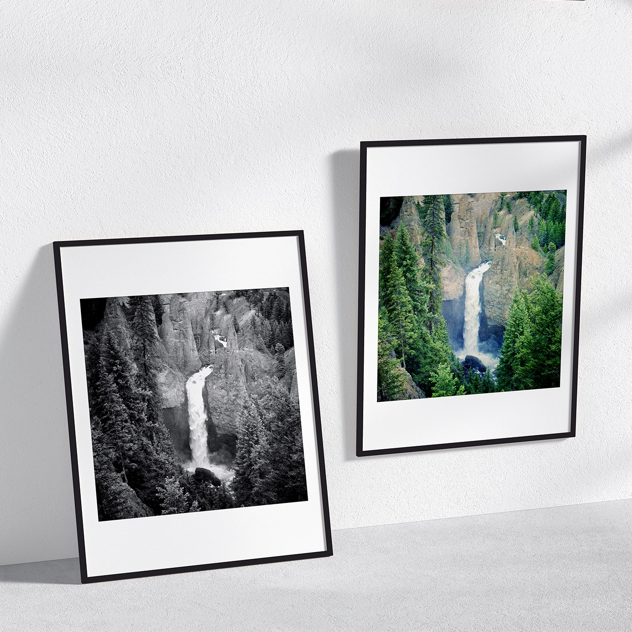 Tower Falls Yellowstone print shown side-by-side in black-and-white and color (same waterfall image).