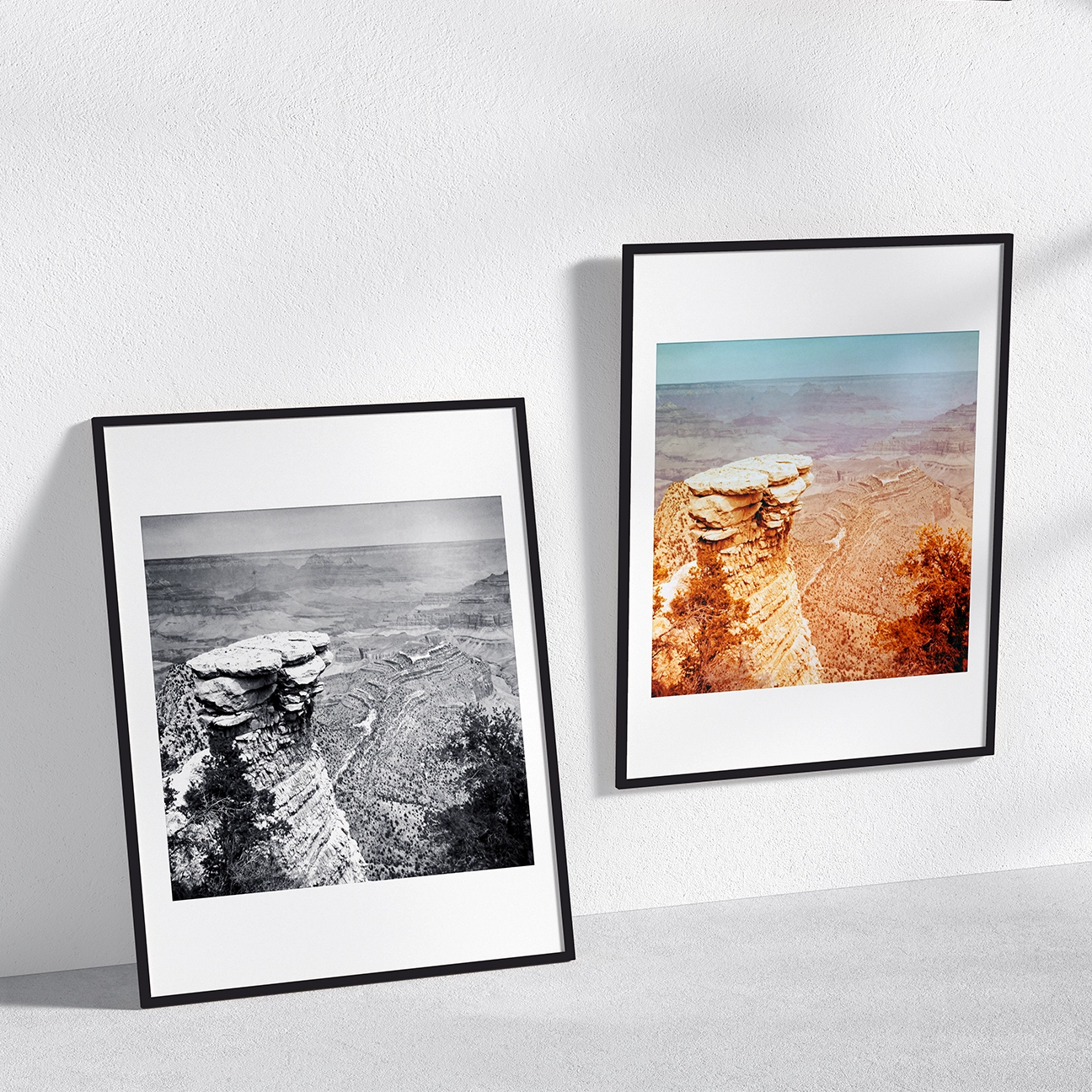 Grand Canyon Rock Bluff landscape displayed side-by-side in color and black-and-white framed prints, emphasizing tonal range and texture of the canyon cliffs.
