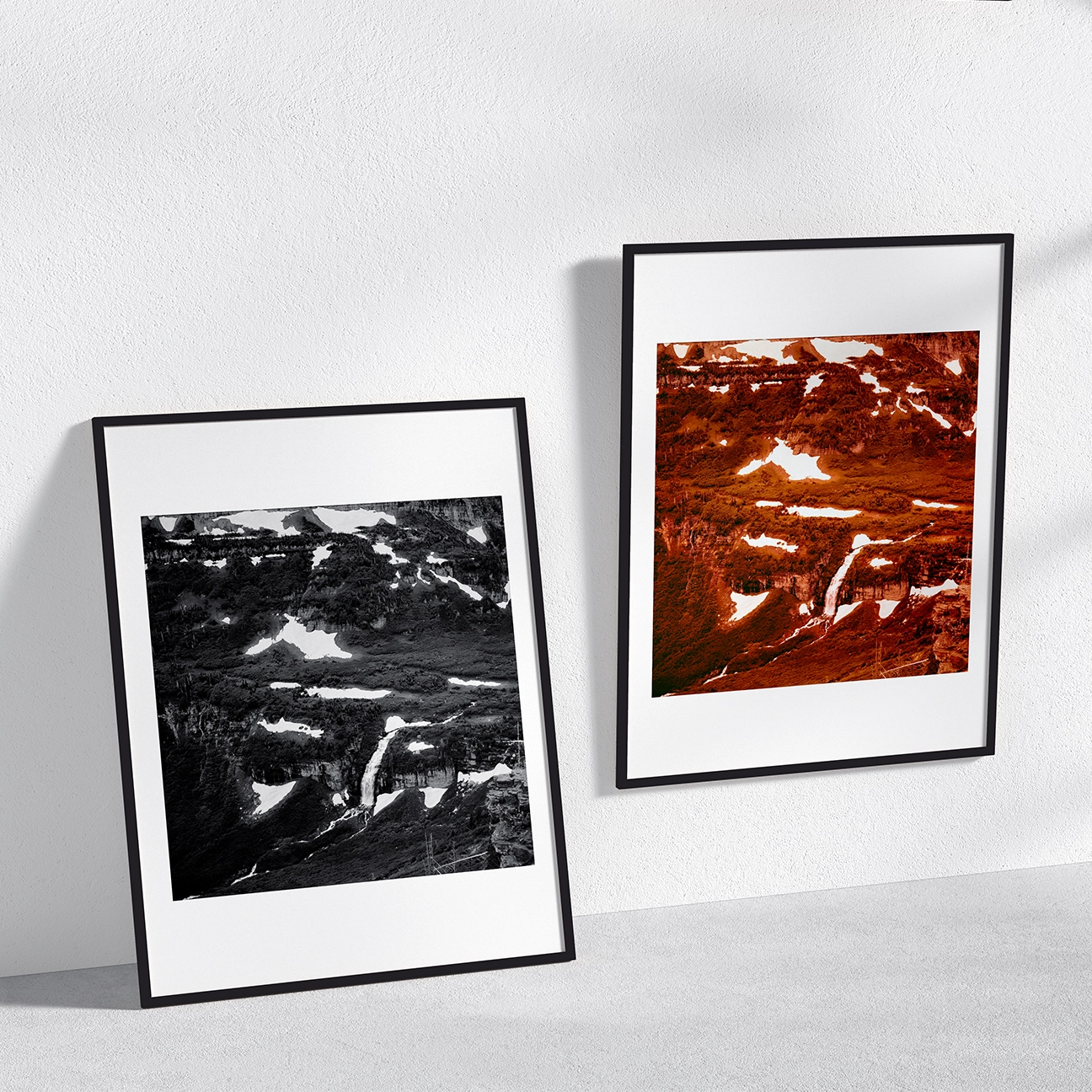 Two framed “Glacier” prints—one black-and-white and one warm-toned—shown in a minimal wall mockup.