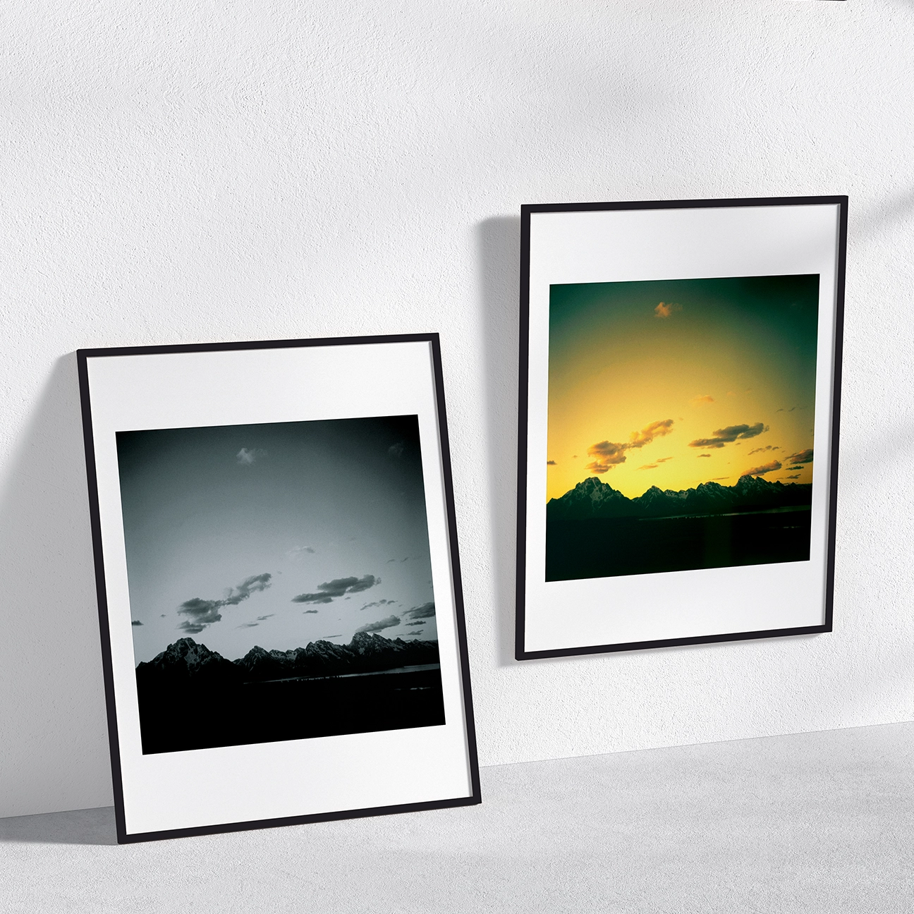 Grand Teton Sunset landscape shown in color and black-and-white framed prints side-by-side, contrasting rich golden hues with deep monochrome tones.