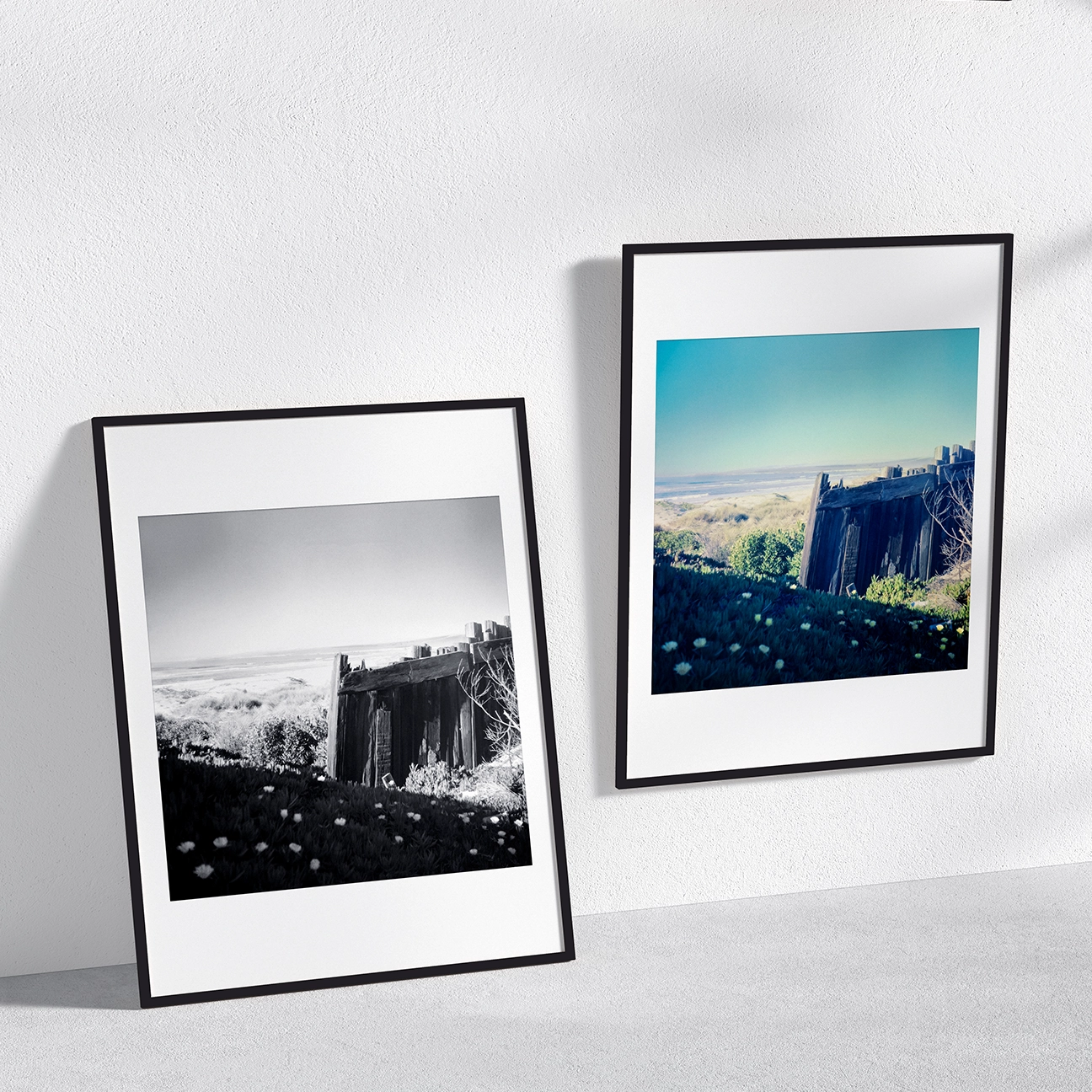 Side-by-side framed prints showing the Oregon coast dunes and a weathered wooden fence in black-and-white and color.