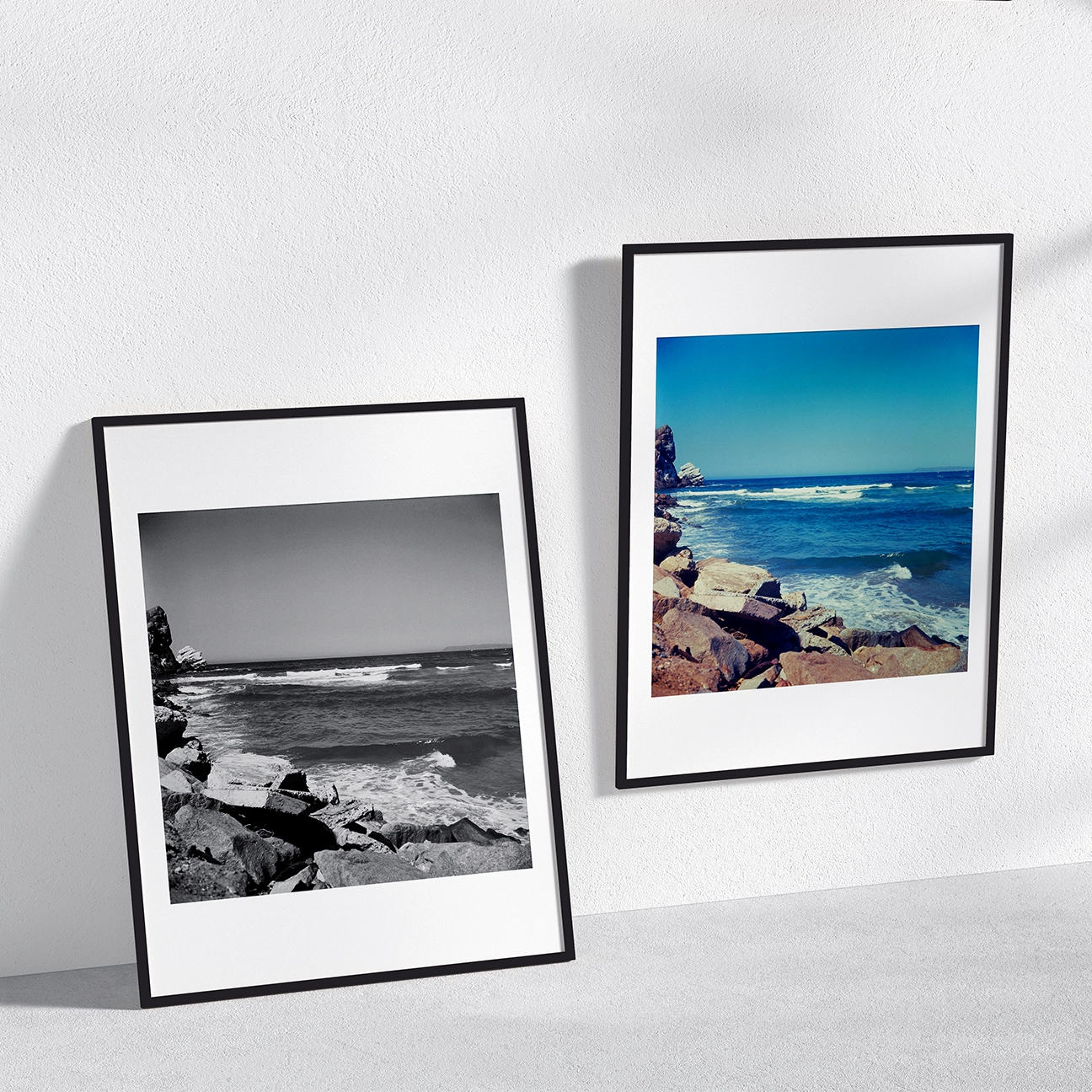 Morro Bay Sea Shore 1964 photograph shown side-by-side in color and black-and-white framed prints, revealing coastal light, ocean movement, and textured rock formations.