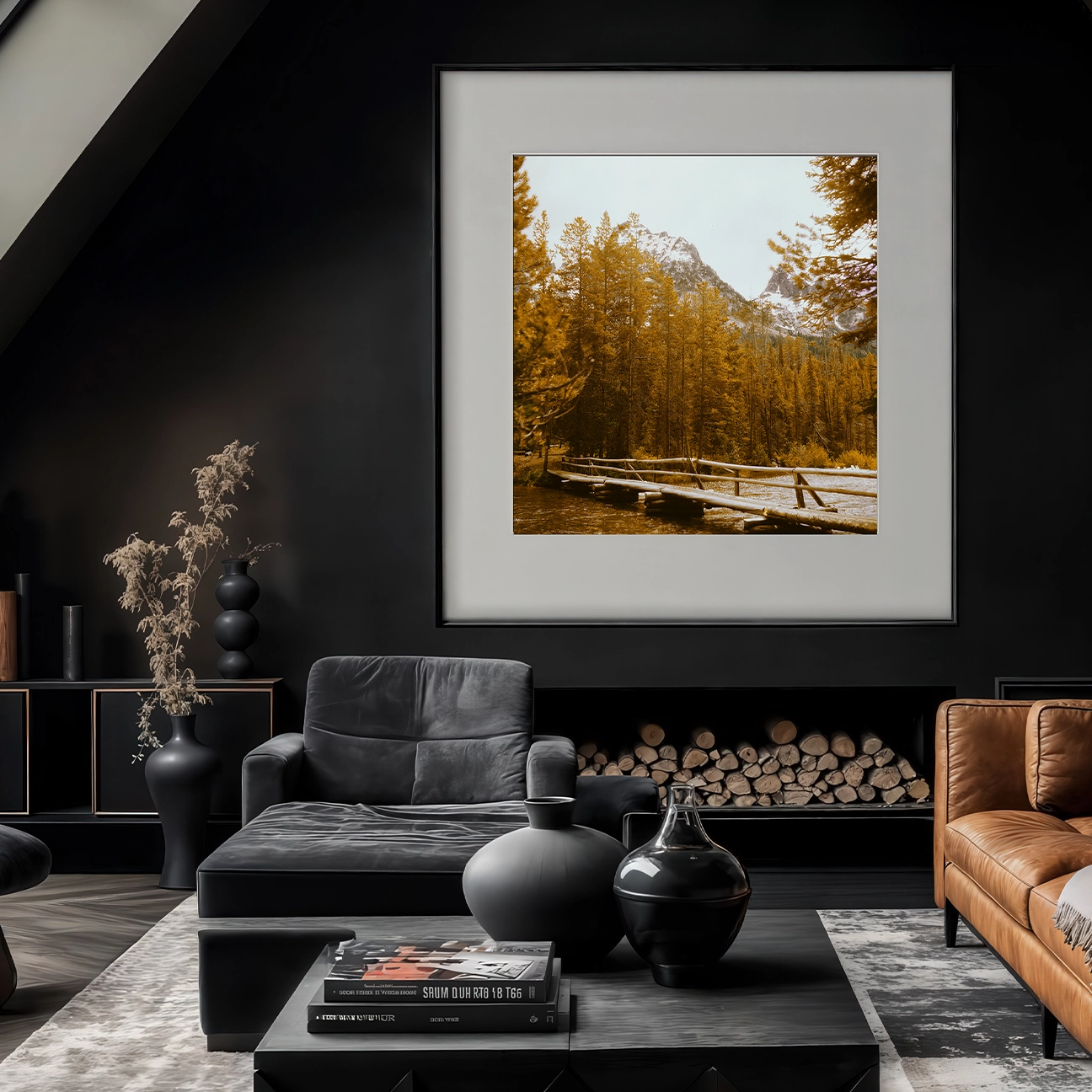 “Wooden Bridge” A rustic footbridge over a calm river surrounded by evergreen trees, showcased in a dark modern living room. The natural tones and refined setting create a grounded, nature-connected focal point for contemporary interiors.