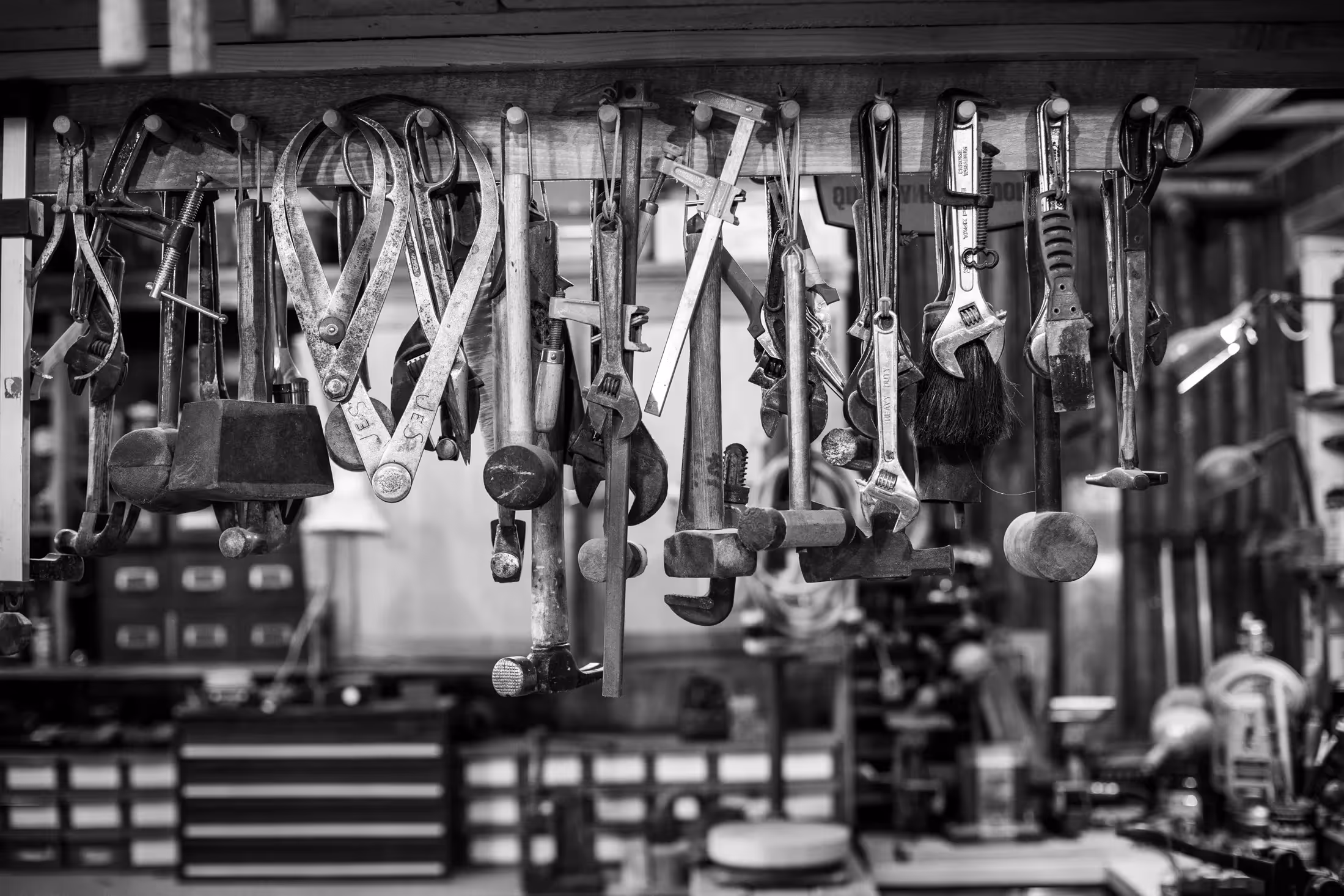 Tools hanging up in Jonathan Moran's workshop