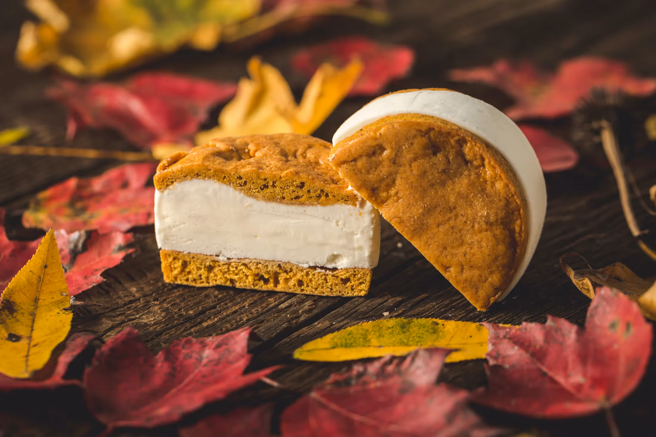 Pumpkin Sweet Cream Leona's Ice Cream sandwich surrounded by fall leaves