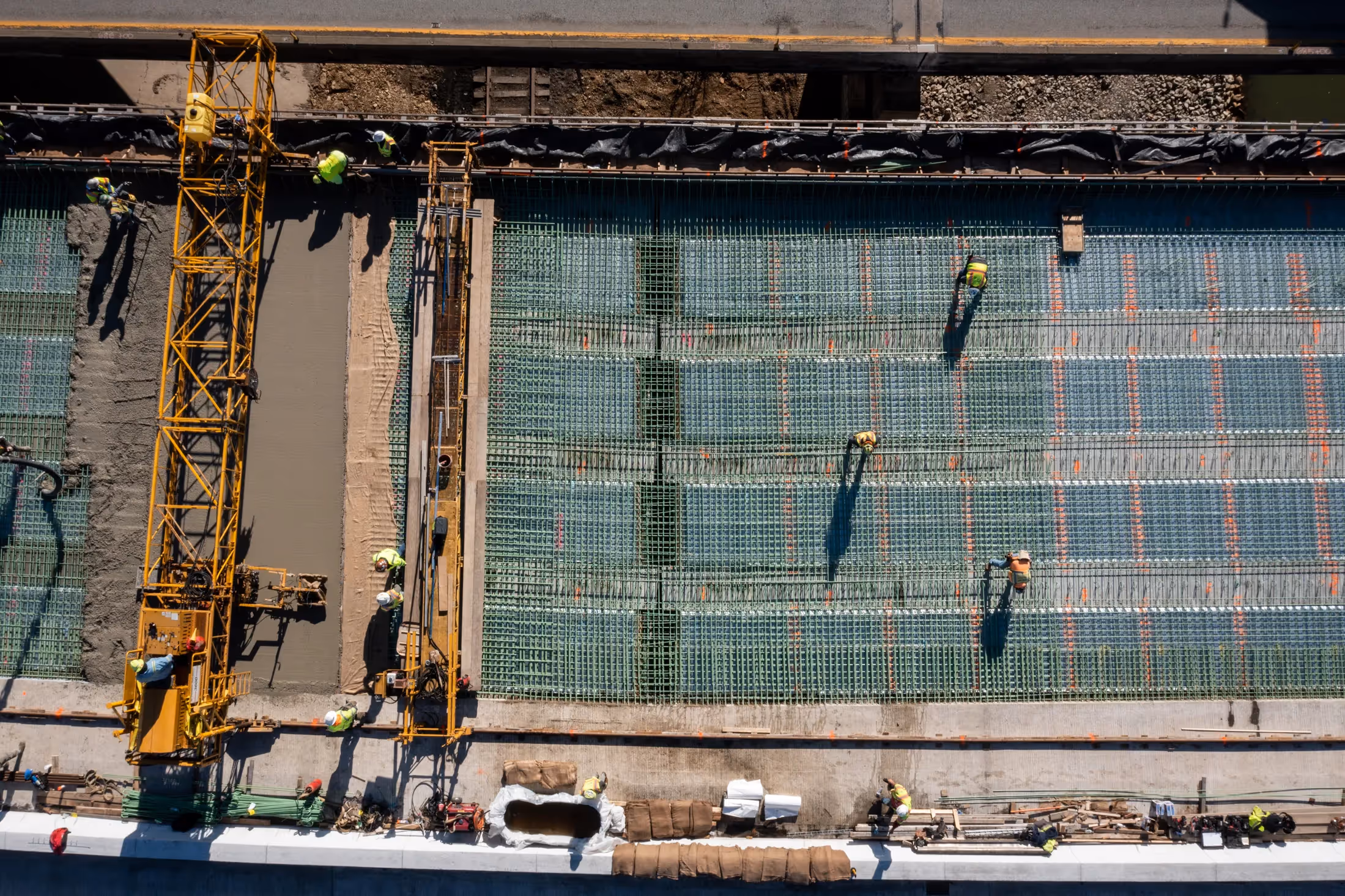 Drone shot of Trumbull workers working on a highway build project