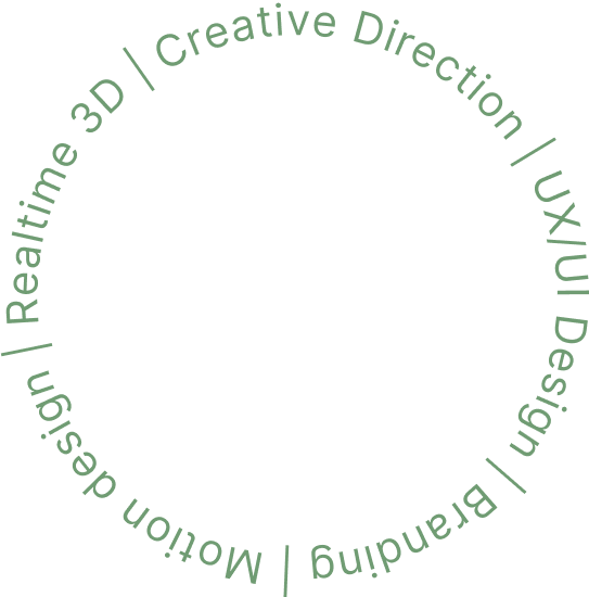 Rotating text that says Creative direction, Visual design, logo design, UX strategy, Real time 3d.