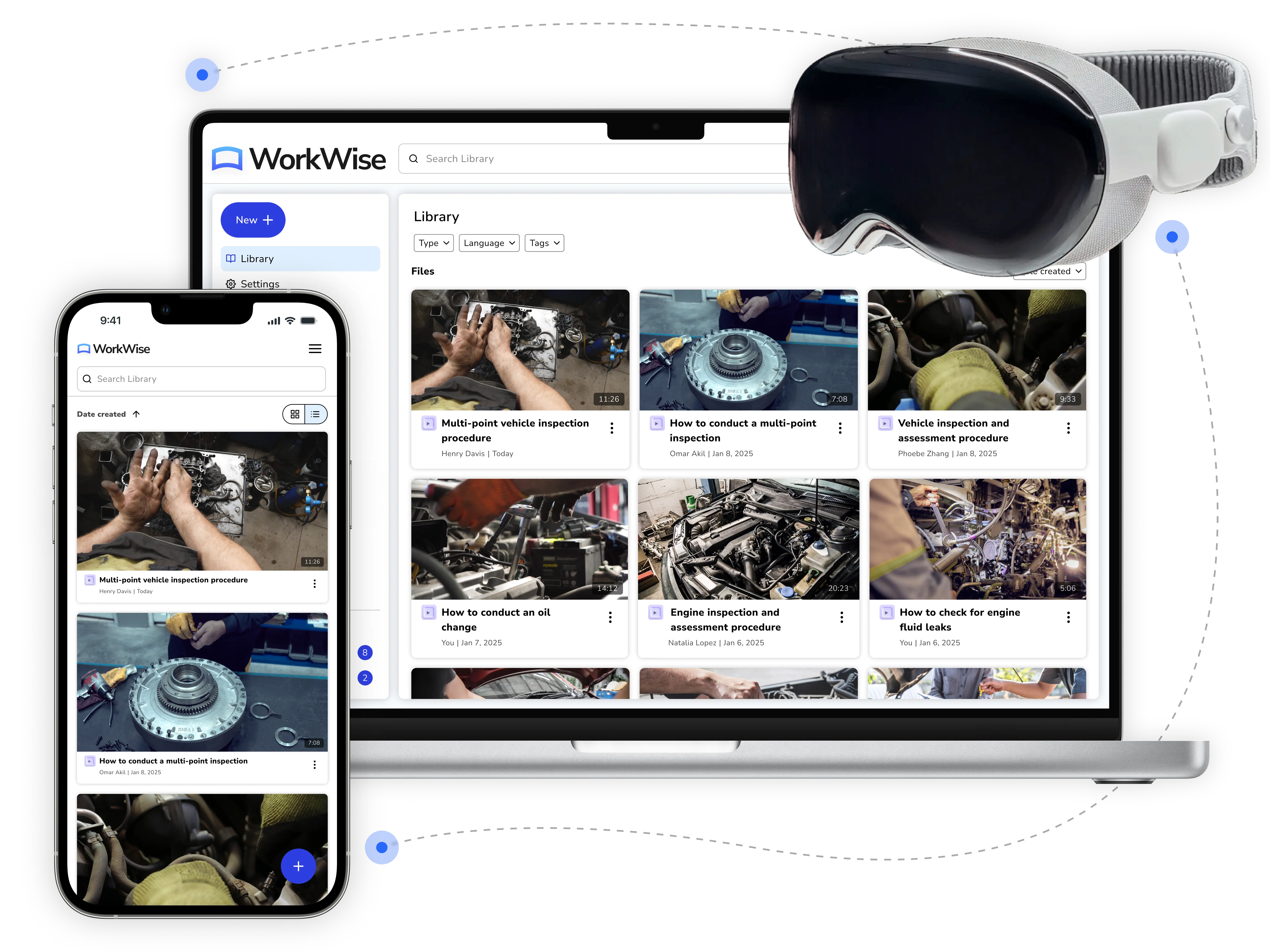 Desktop, mobile, and Apple Vision Pro device mockups displaying the WorkWise by Strivr home screen. 