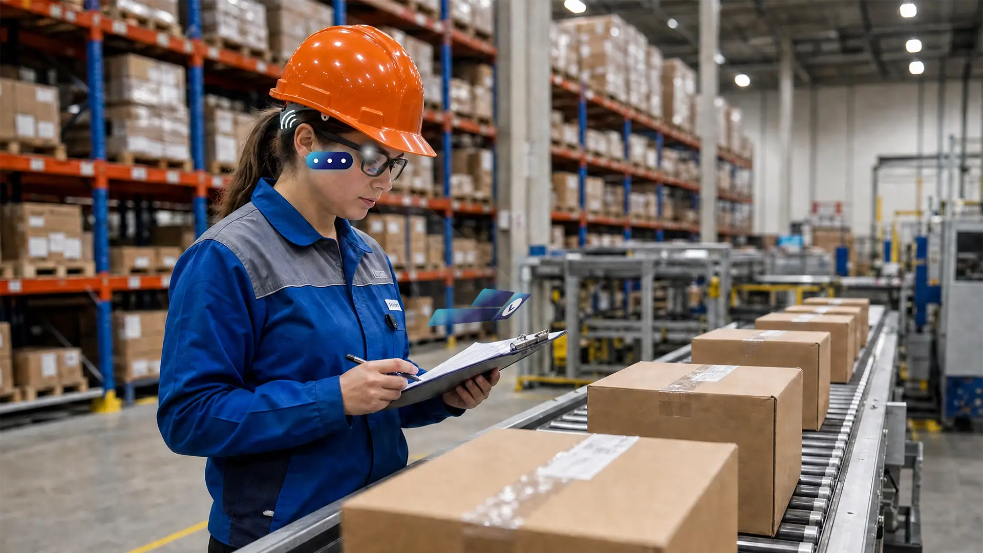 Worker in orange helmet and blue jacket checks clipboard near boxes on warehouse conveyor belt.