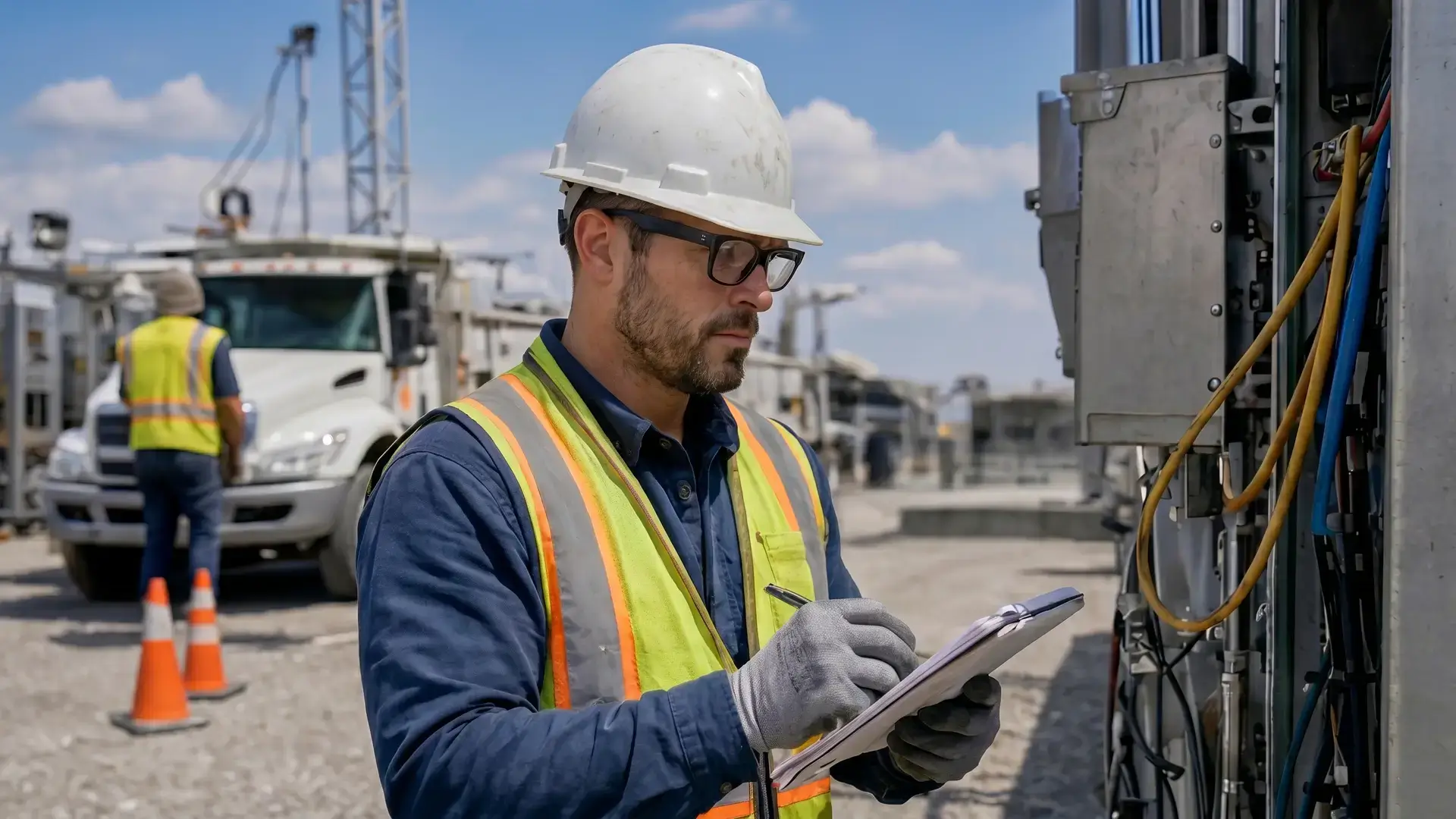 Construction worker in hard hat and safety vest inspecting equipment and writing on a clipboard outdoors.
