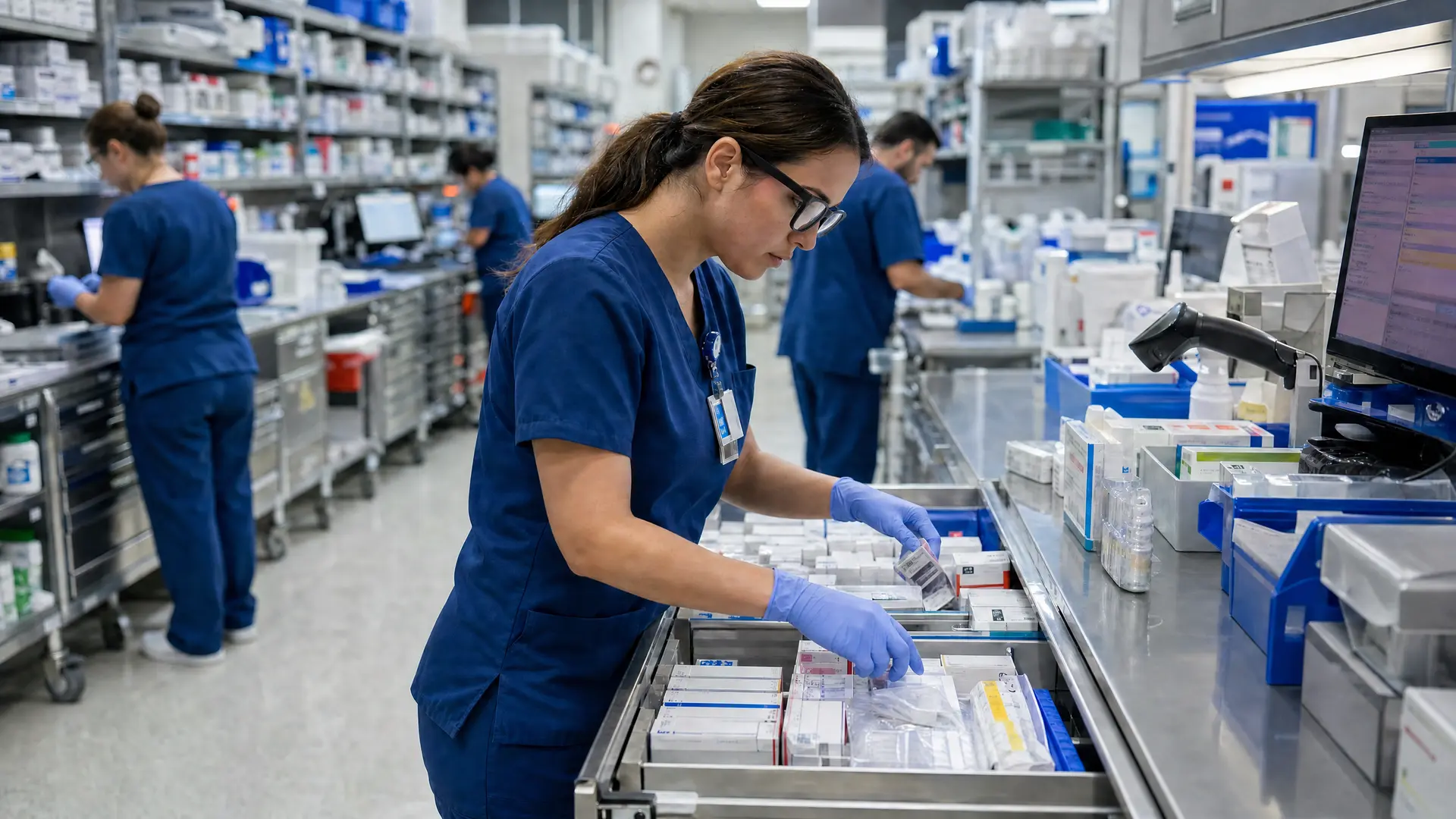 Medical staff in blue scrubs organizing medication boxes in a pharmacy with computer and barcode scanner.