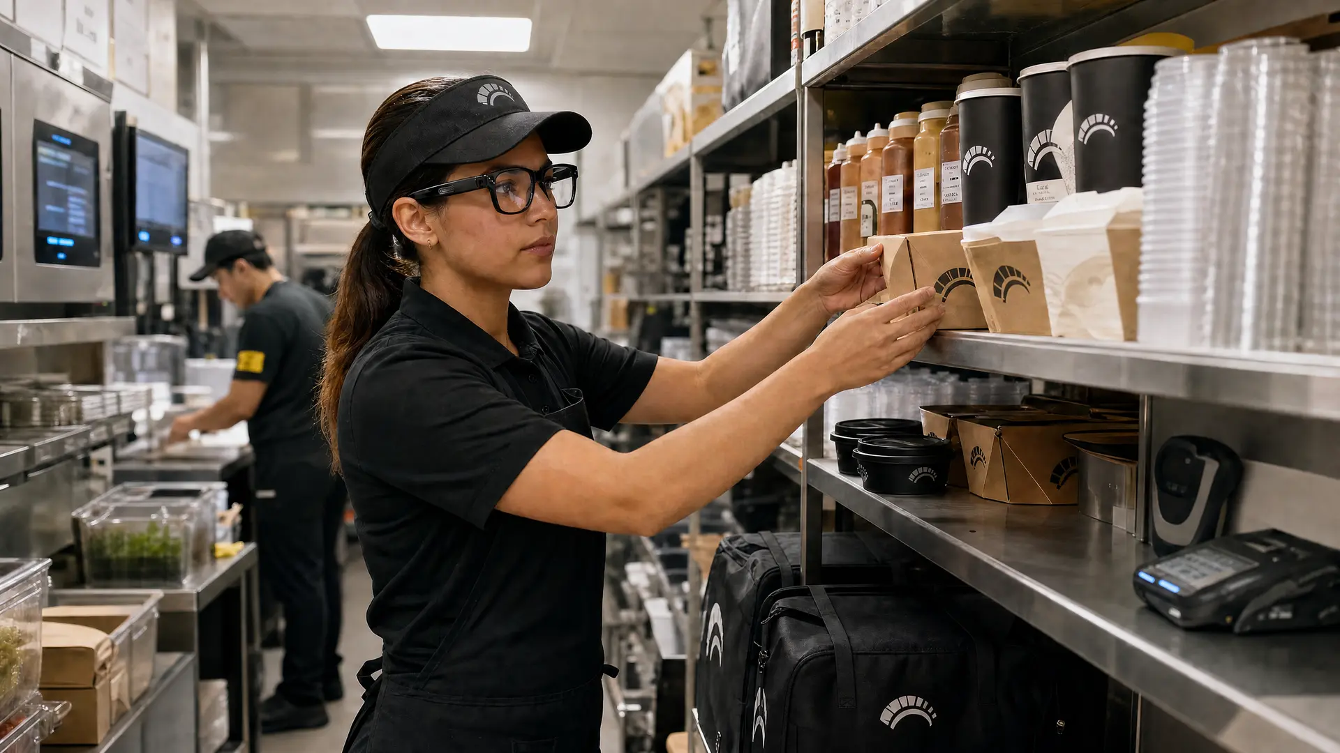 Worker wearing black uniform organizing food containers on metal shelves in a commercial kitchen.