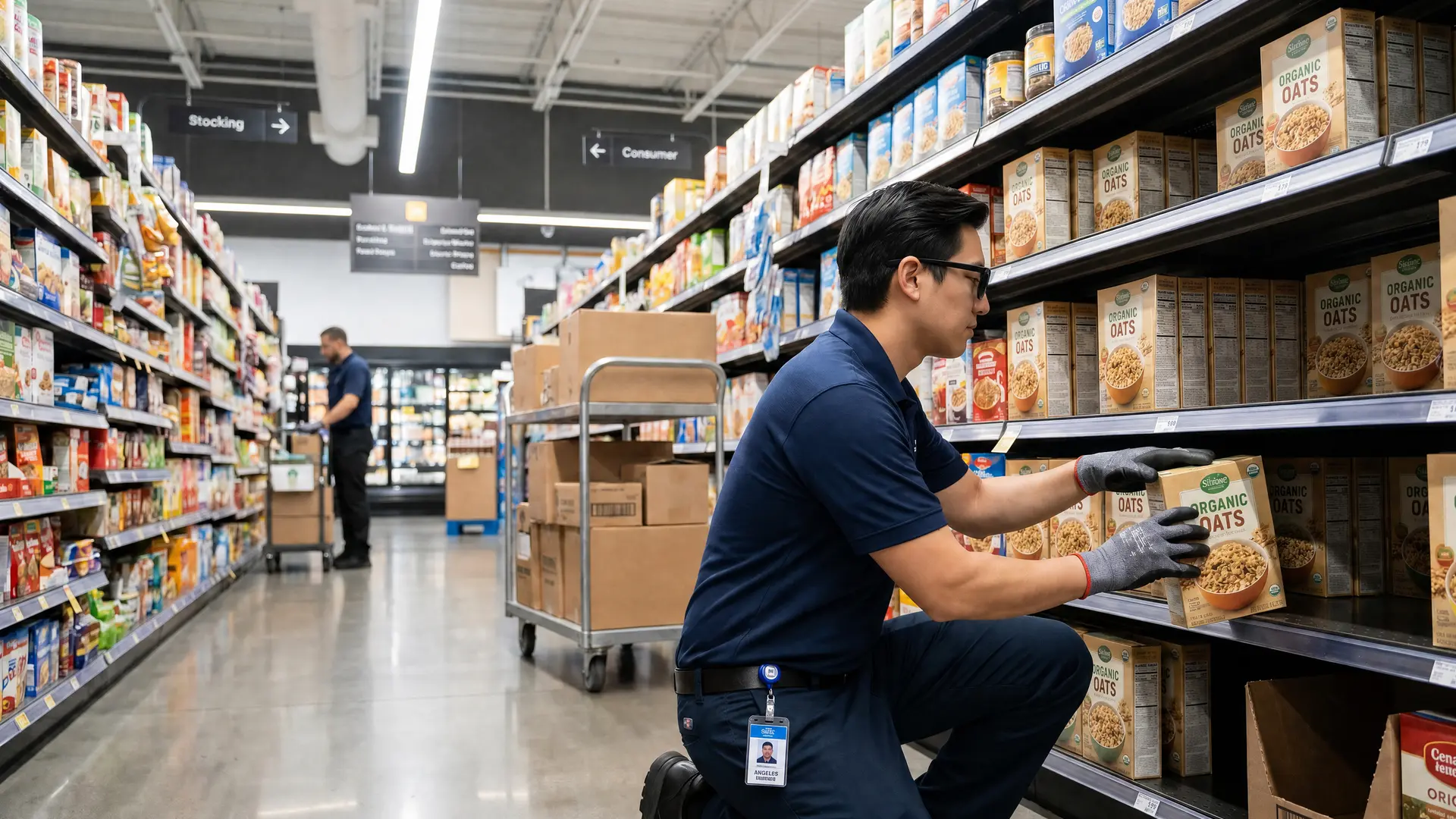Store worker stocking shelves with organic oats boxes while another arranges products on a cart.