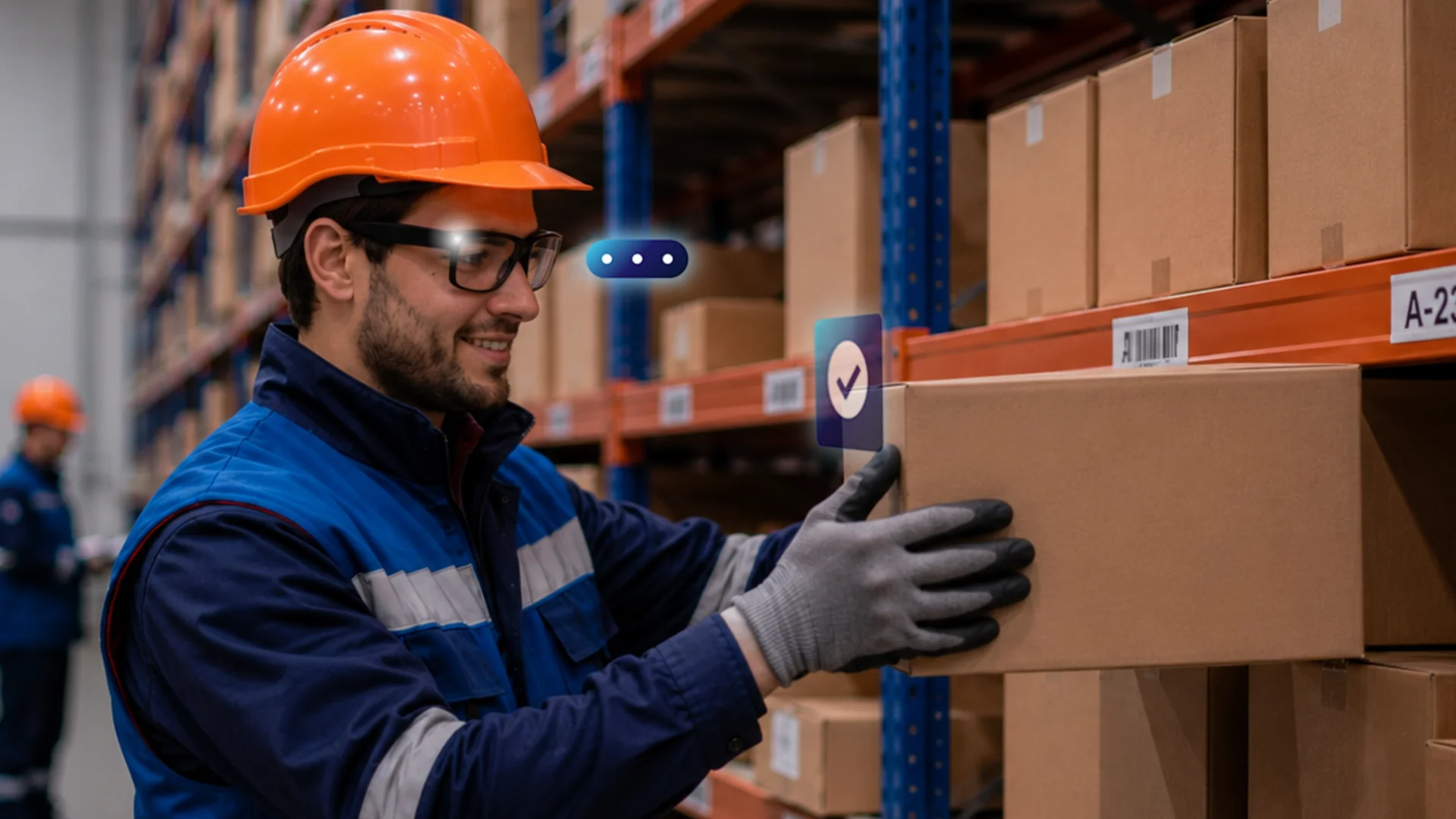 Warehouse worker in safety helmet and glasses handling a cardboard box on shelves with digital icons.