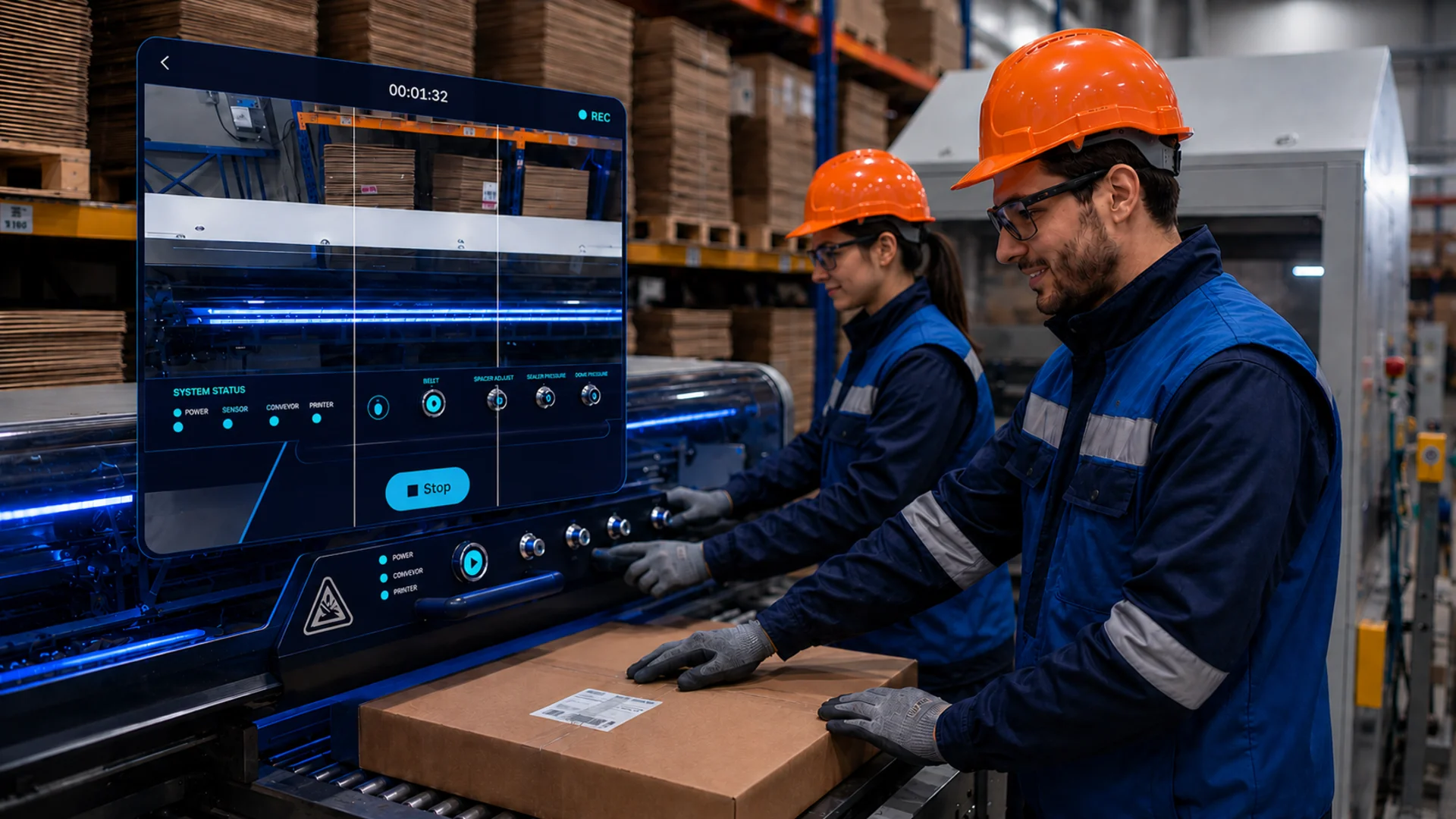 Two workers with orange helmets operating a machine packaging boxes in a warehouse.