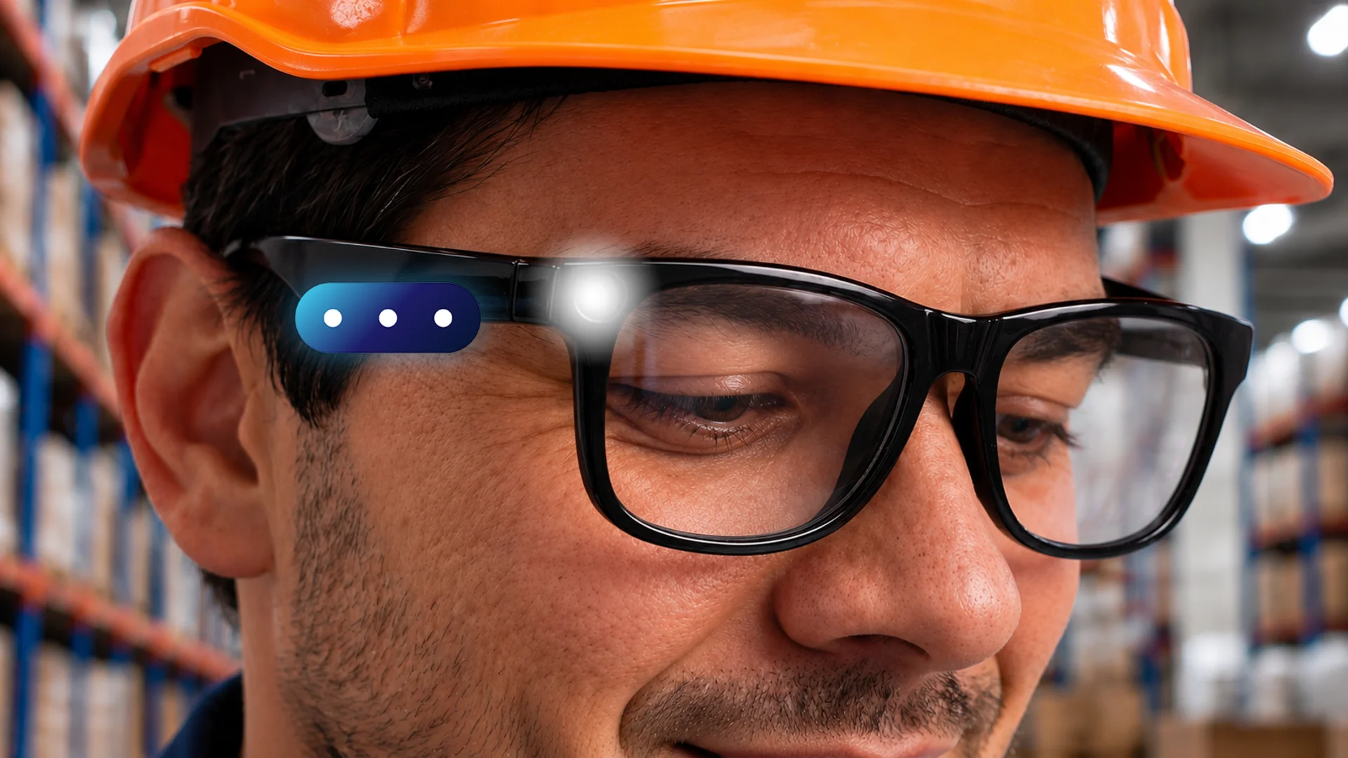 Man wearing black smart glasses with LED light and orange hard hat in warehouse aisle.