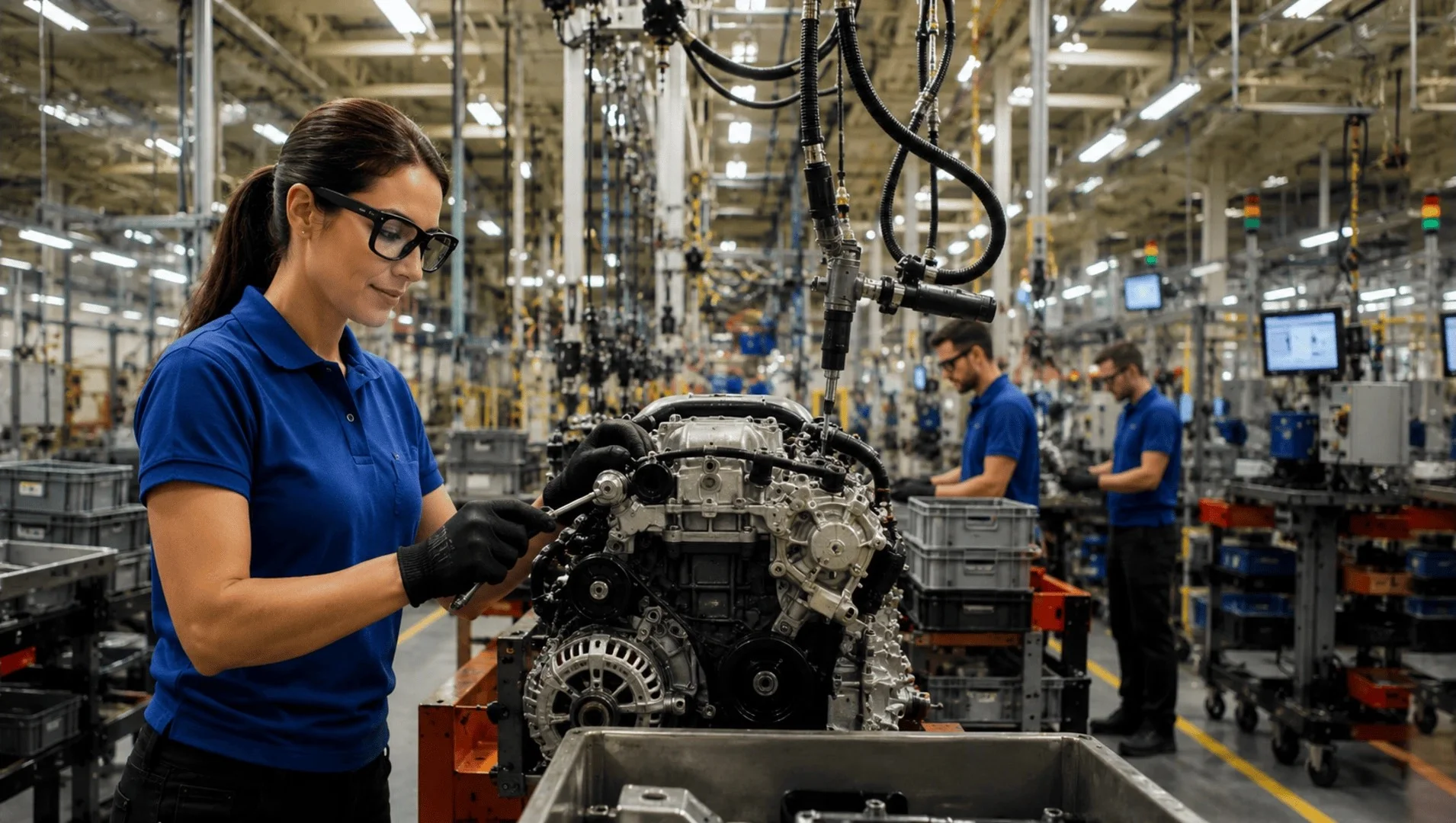 Woman in blue polo shirt and gloves assembling an engine in a large industrial factory.
