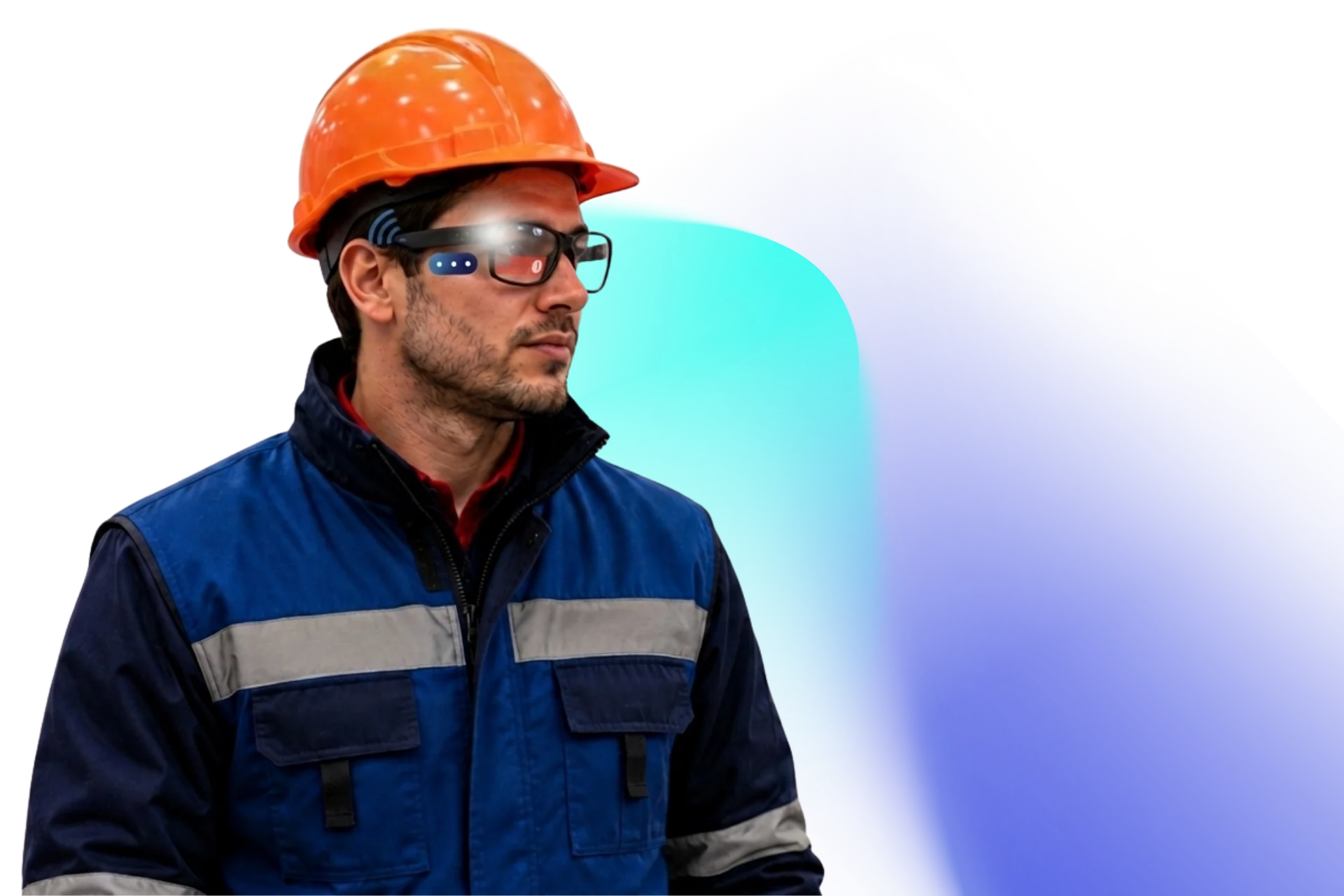 Man in an orange hard hat and safety glasses wearing a blue and gray work jacket looking right.