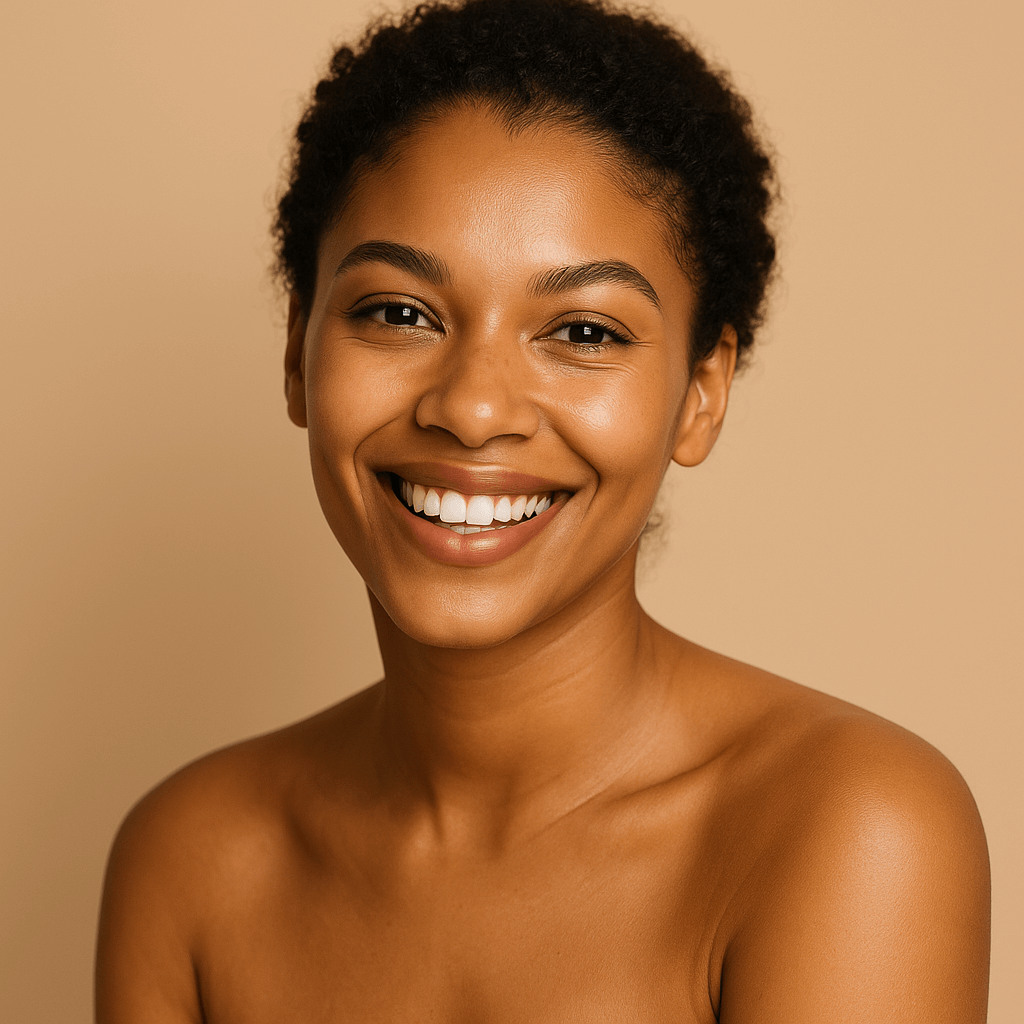  A smiling person with healthy, radiant skin in a calm wellness setting, symbolizing natural rejuvenation results associated with microneedling Atlanta treatments in Buckhead.