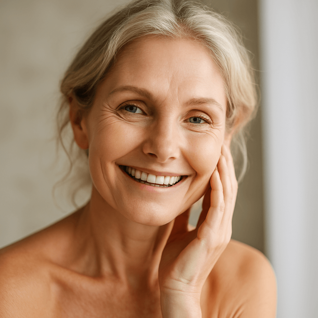  Smiling middle-aged woman with healthy, glowing skin after wellness treatment, representing natural rejuvenation and microneedling results in Atlanta.