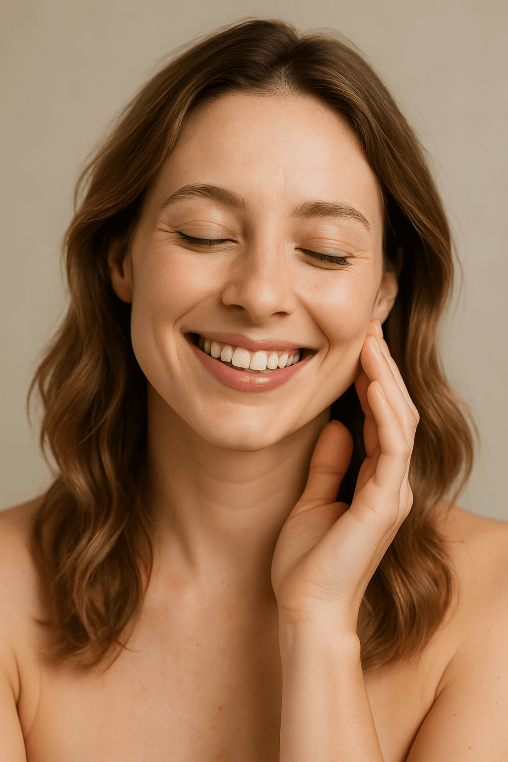 A smiling woman with glowing, healthy skin gently touching her cheek, showcasing natural wellness and rejuvenation ideal for bio stimulation treatment promotions.