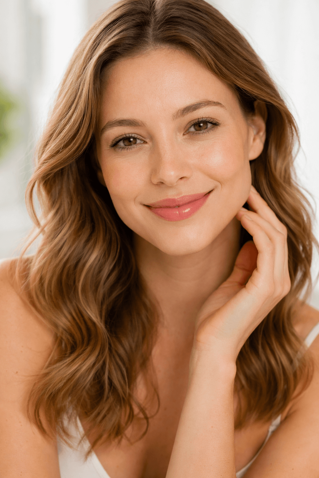 A smiling woman with soft, natural-looking lips in a bright wellness setting, representing balanced lip enhancement results in Atlanta, GA.