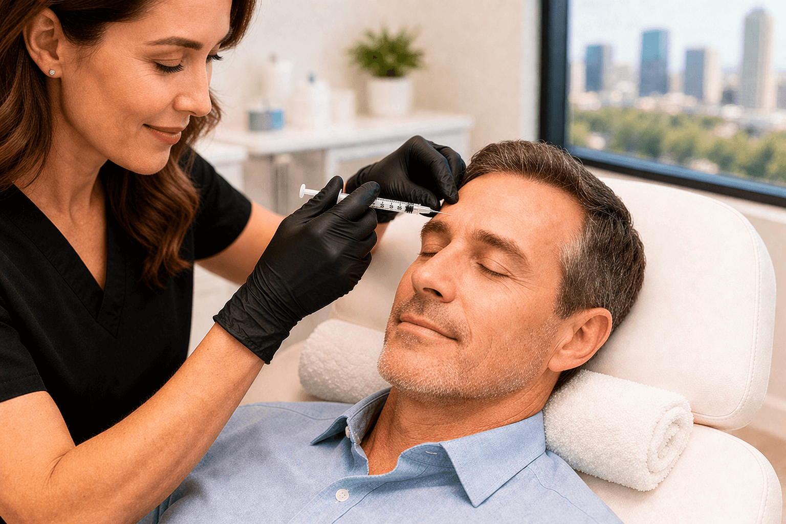 Patient receiving Botox treatment for forehead lines at a medical spa in Buckhead, Atlanta, Georgia