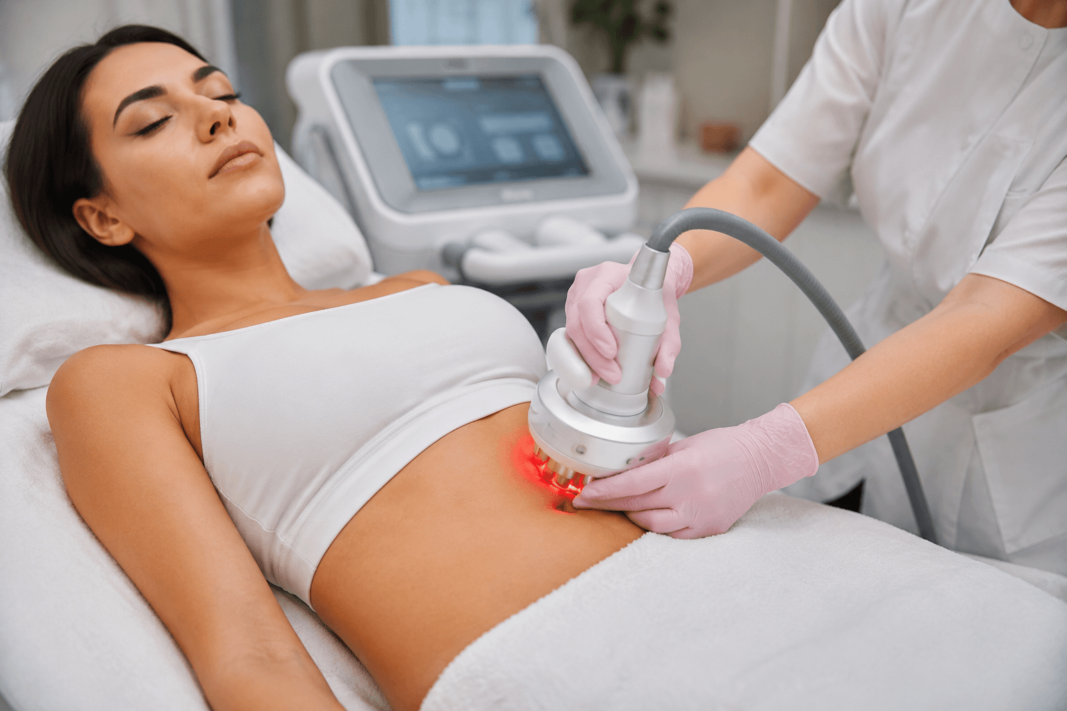 Woman receiving T-Shape 2 treatment for fat reduction and skin tightening in Buckhead, Georgia