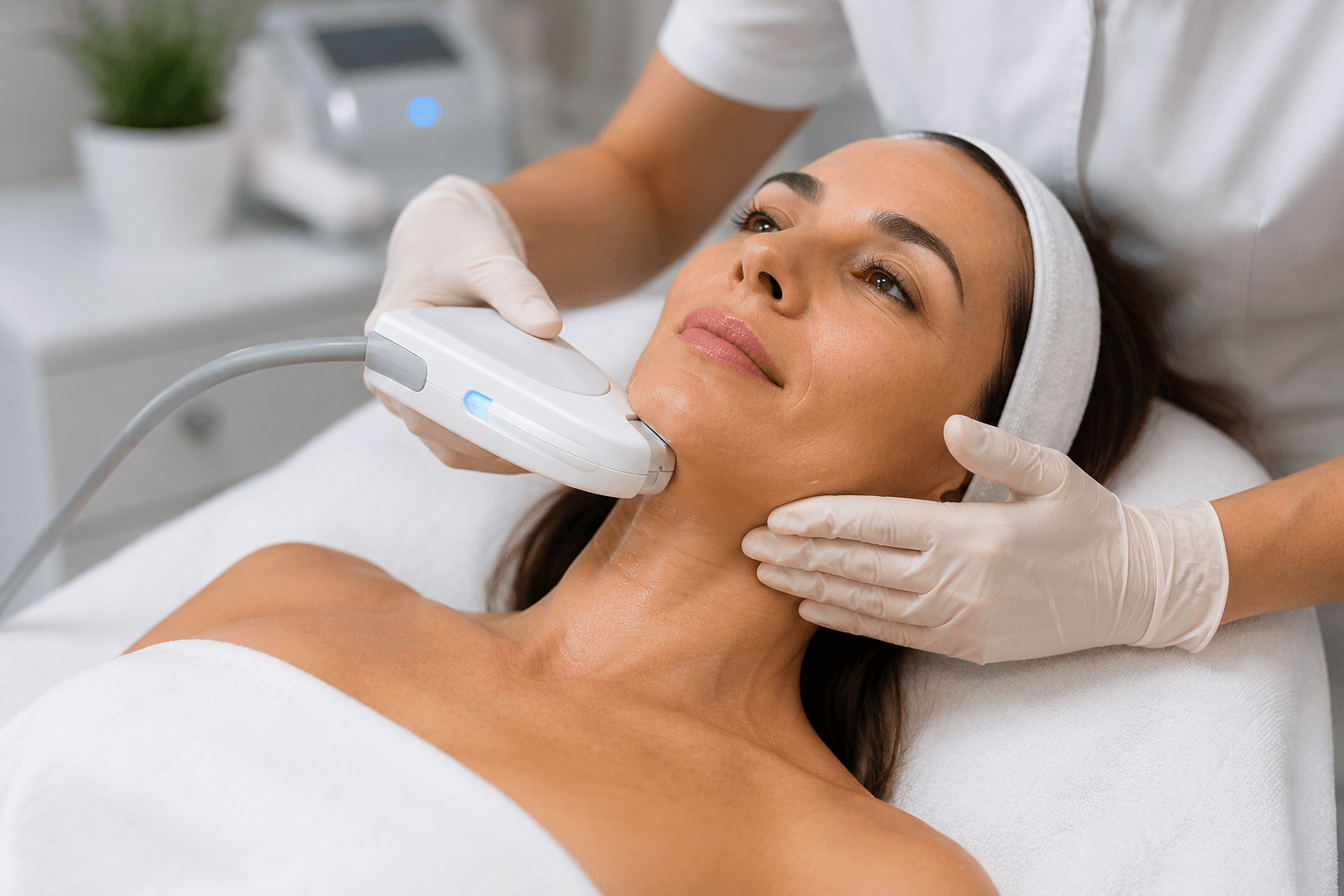 Woman receiving skin tightening treatment to improve firmness and prevent facelift in Atlanta Georgia