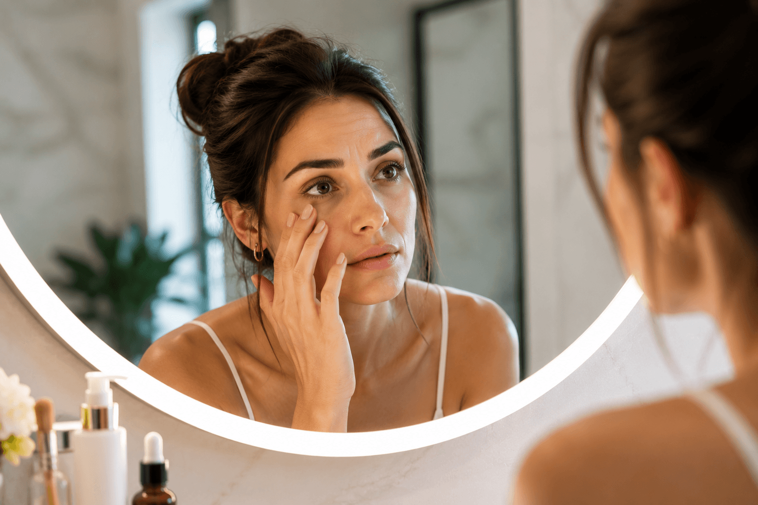 Woman examining hollow, tired looking under eyes before collagen injections in Buckhead, Atlanta