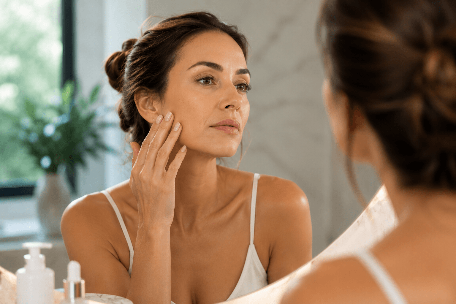 Woman assessing sagging skin along the jawline before collagen treatment in Buckhead, Atlanta