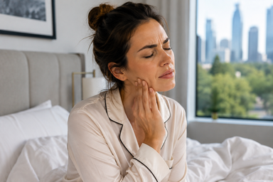 Woman touching her jaw due to morning jaw pain before Botox treatment in Buckhead, Atlanta