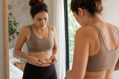Woman assessing loose stomach skin despite diet and exercise before t-shape 2 treatment in Buckhead