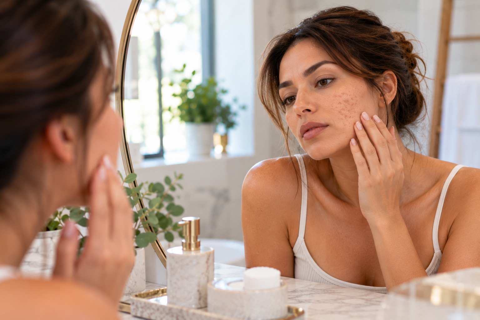 Provider at Flawless Skin Boutique in Buckhead, Atlanta reviewing a client's acne scars and skin texture before a scar treatment