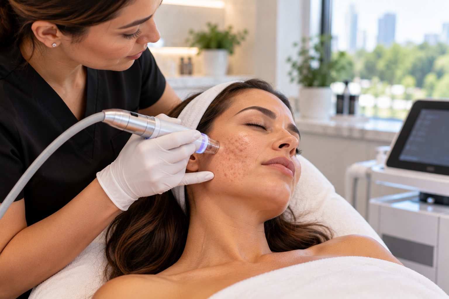 Close-up of deep rolling and boxcar acne scars on a young adult's cheek before treatment in Buckhead, Atlanta