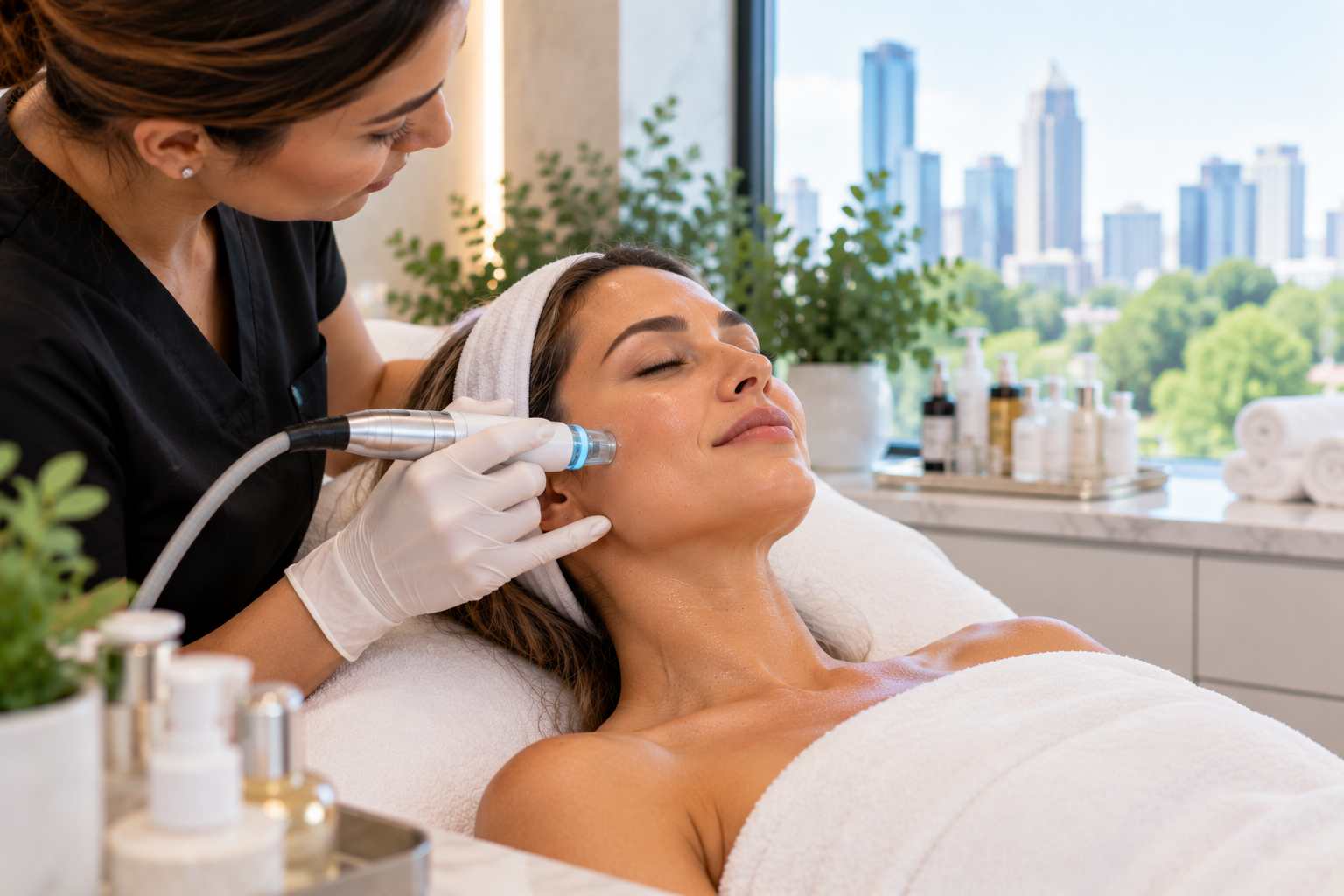 Esthetician at Flawless Skin Boutique in Buckhead, Atlanta performing a customized facial as part of a skin wellness plan