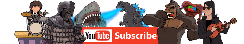 A group of movie and TV characters standing next to each other with a YouTube subscribe banner below it.
