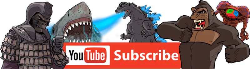 A group of movie and TV characters standing next to each other with a YouTube subscribe banner below it.