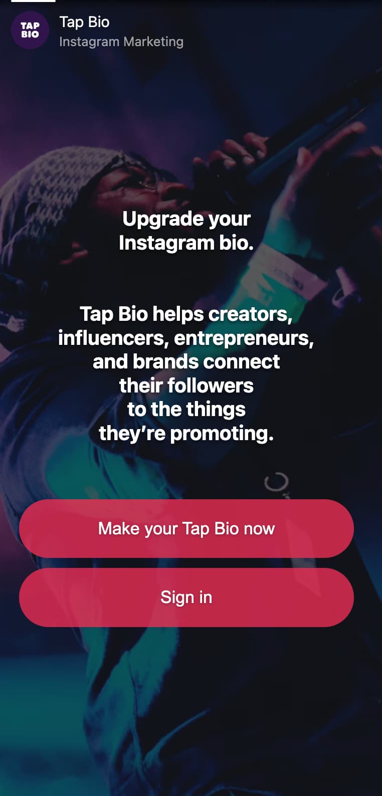 Página de inicio de la plataforma Tap.bio