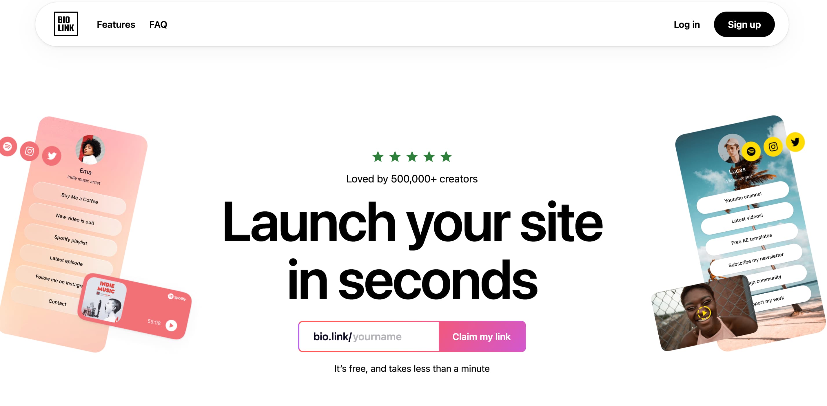 Página de inicio de la plataforma de bio link