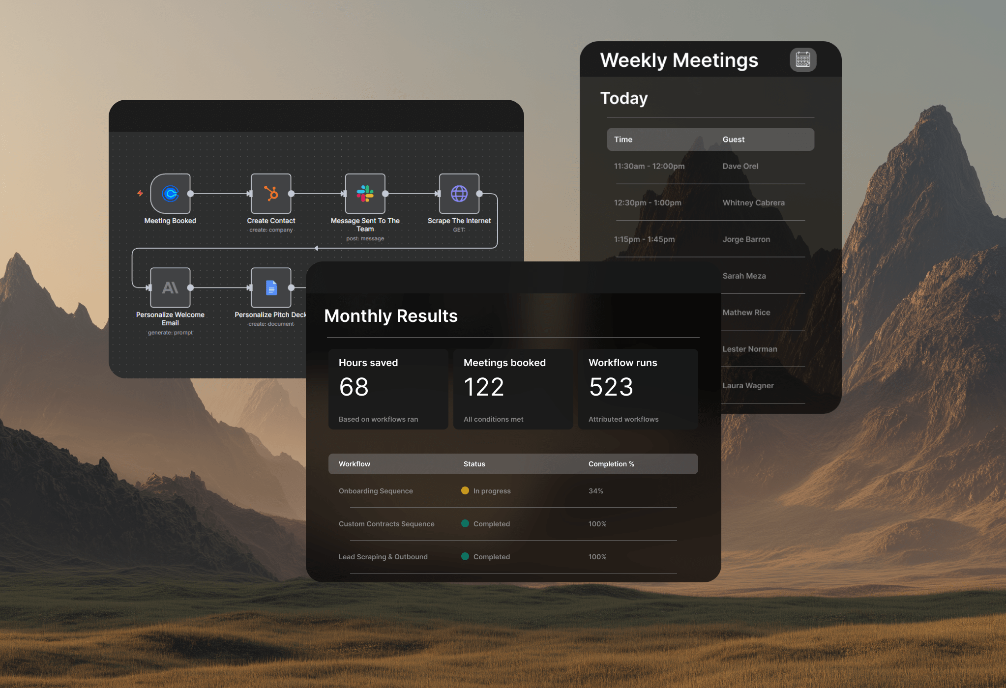 A custom AI dashboard showing automations with a desert in the background