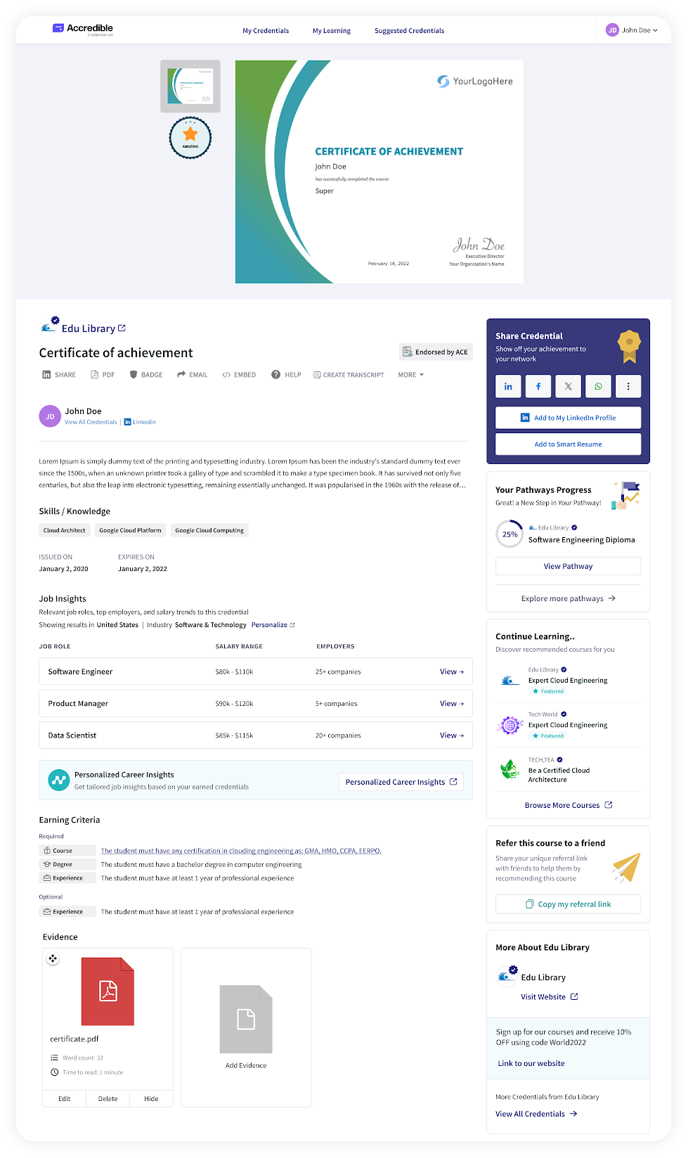 Digital certificate example showing the new Job Market Insights section