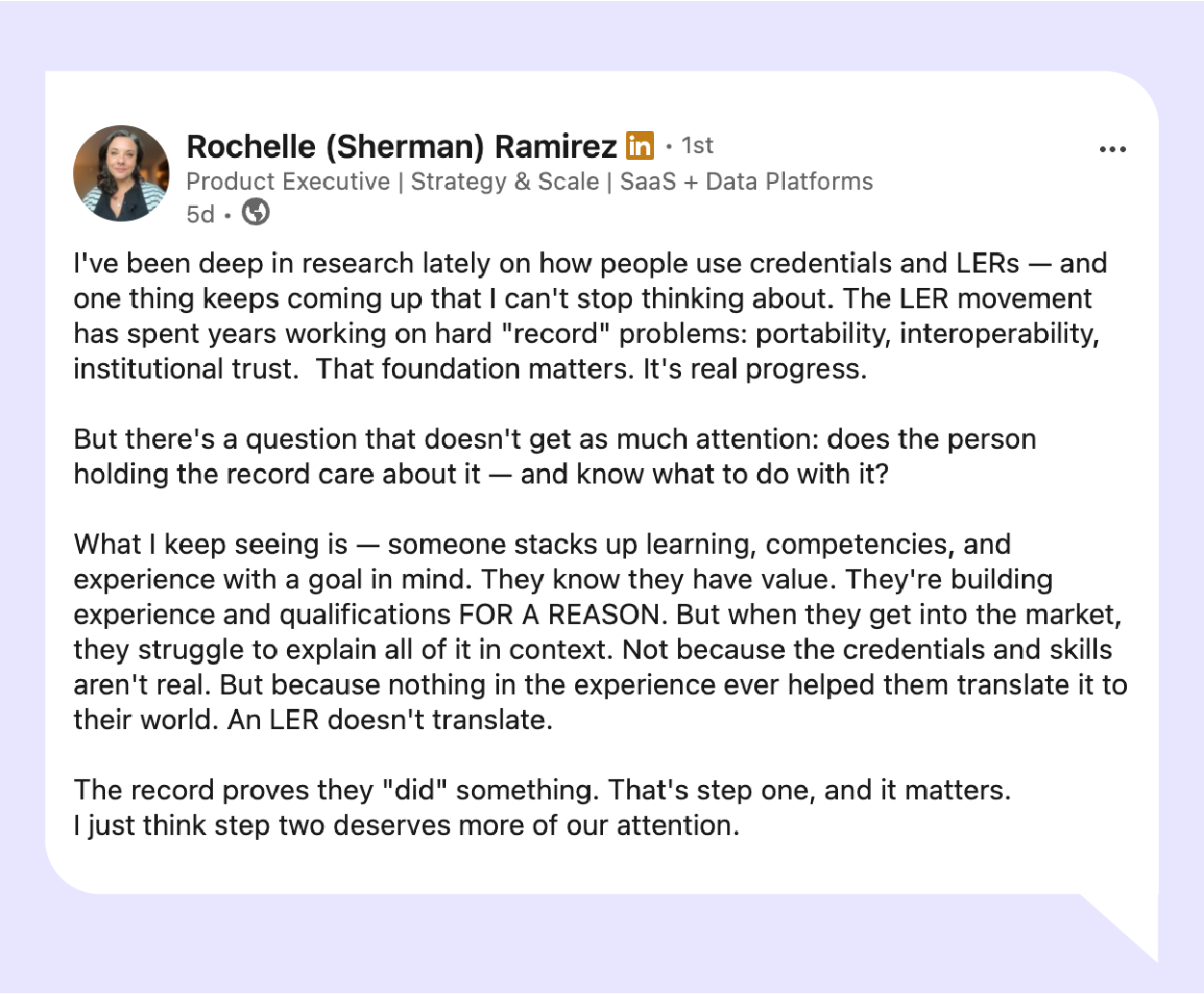 LinkedIn Social Post from Rochelle Ramirez around how people use credentials and LERs