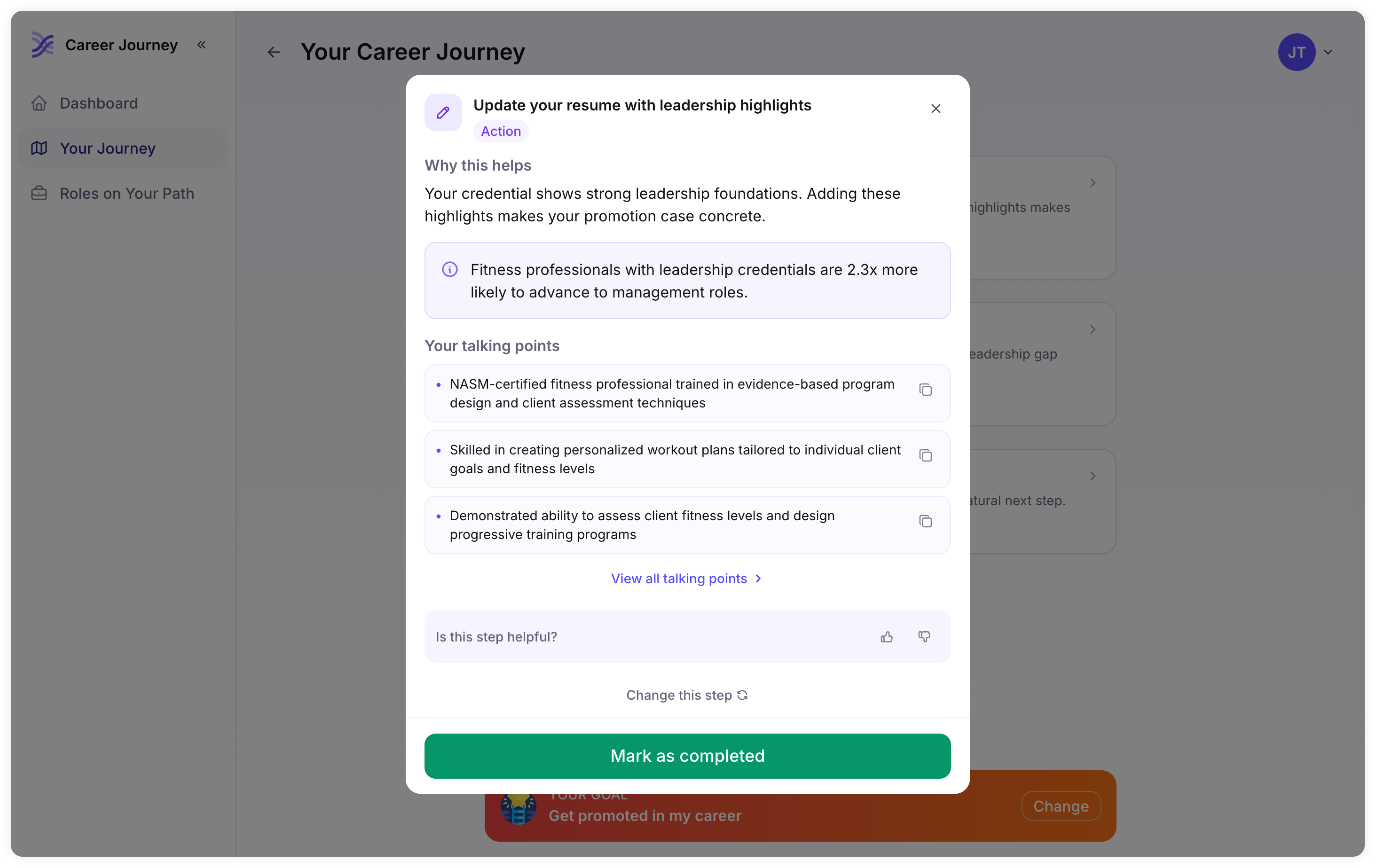 Journey step - talking points for learner resume